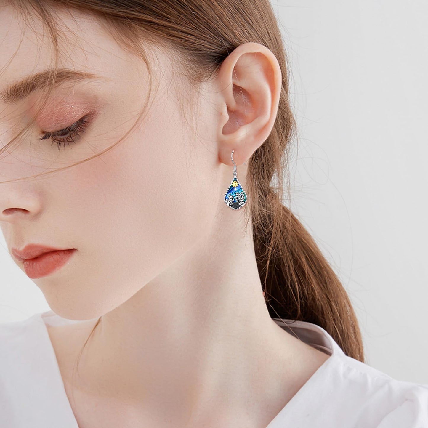 POPLYKE Cactus Earrings 925 Sterling Silver for Women Teardrop Abalone Plant Sun Earrings Cactus Jewelry