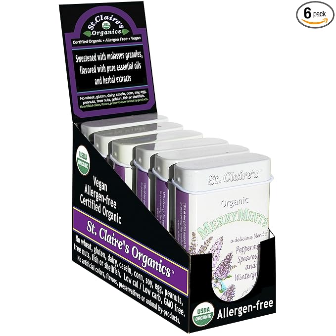 St. Claire's Organic Breath Mints, (MerryMints, 1.5 Ounce Tin, Pack of 6) | Gluten-Free, Vegan, GMO-Free, Plant-based, Allergen-Free | Made in our Allergen-Free facility