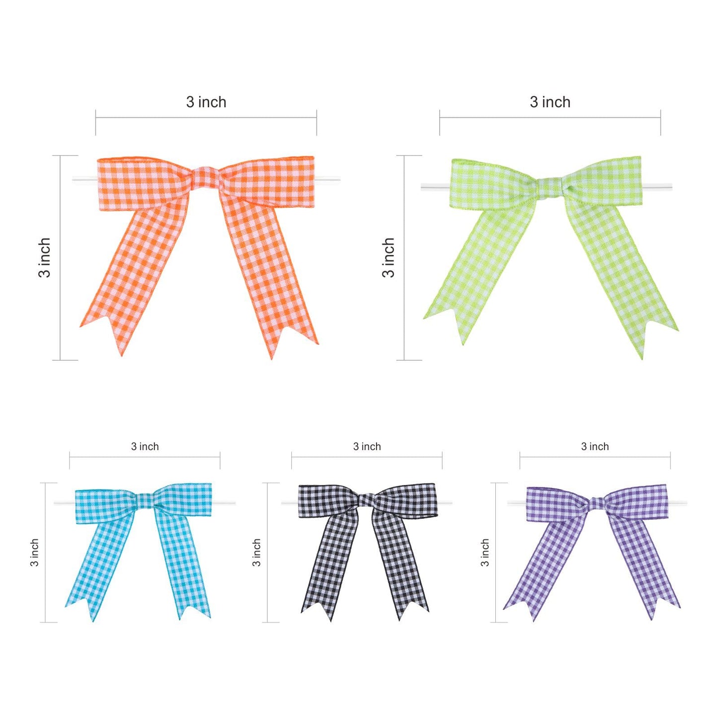 Meseey 50 Pcs Gingham Ribbon Bows with Twist Tie 3" Black Purple Turquoise Blue Neon Green Orange Premade Bows for Gift Wrapping Basket Wedding Baby Shower Brithday Party (3", Halloween)