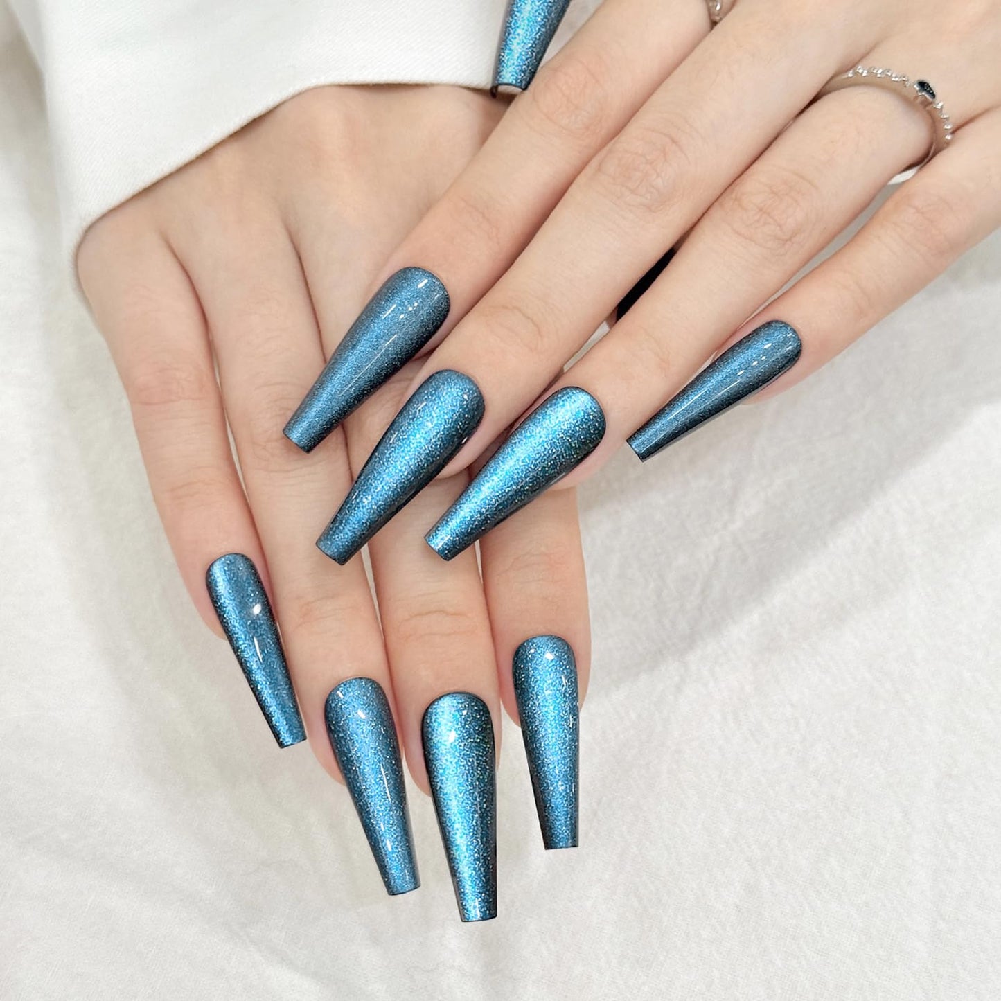 Blue Cat Eyes Press On Nails,12 Sizes - 24 Pcs Soft Gel Blue Long Coffin Fake Nails Kit with Nail Glue, Natural Reusable Stick On False Nails for Women and Girls SK1040