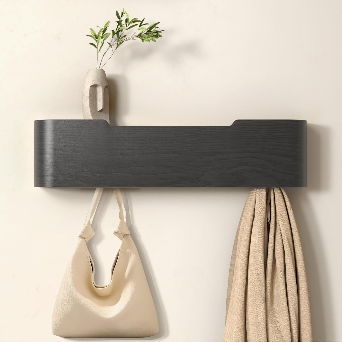 VERASCOT Wall Mounted Coat Rack with Shelf, Wooden Entryway Organizer with Hidden Metal Hooks for Hanging Coats Bags Keys, Modern Floating Shelf for Hallway Bathroom