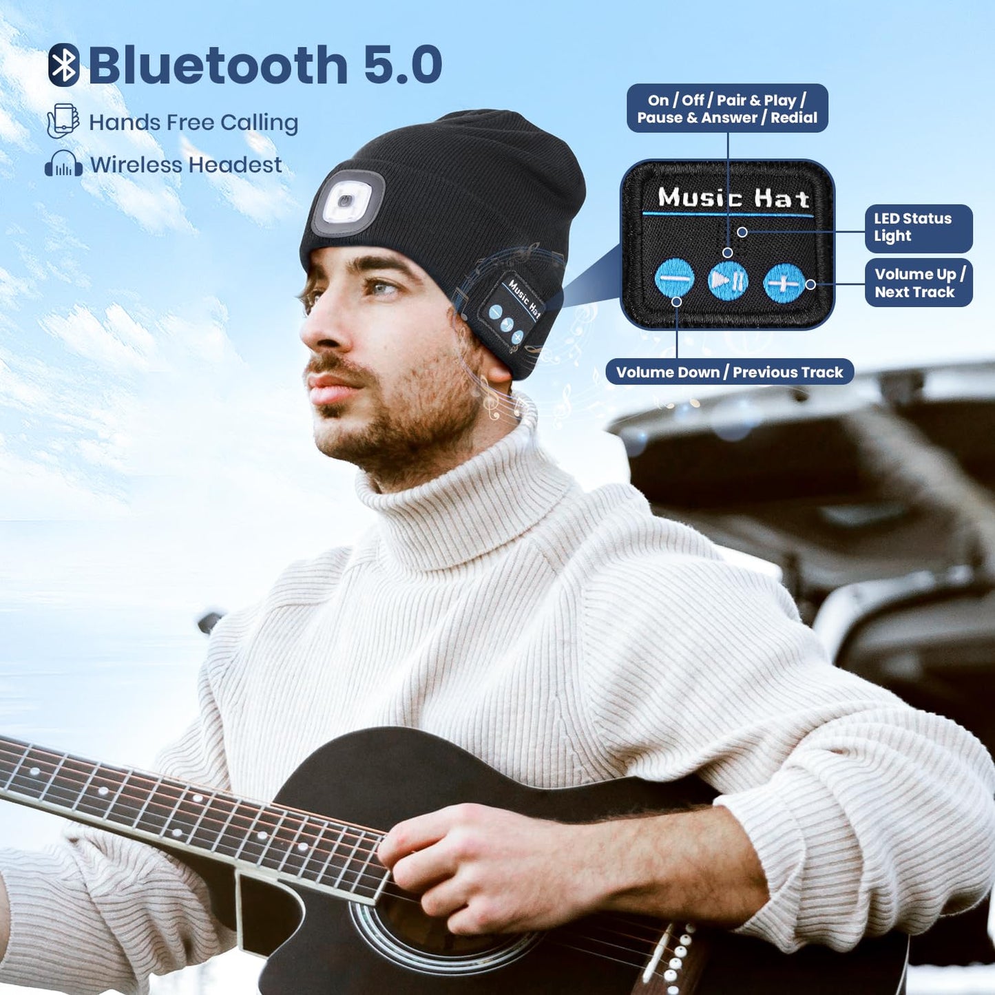 Bluetooth Beanie Hat with Light for Men 2 Pack, LED Beanie with Light Built in Unisex USB Rechargeable, Headlamp Cap with Wireless Headphones Built-in Speaker Mic Gifts for Men Dad Teen (Black+Orange)