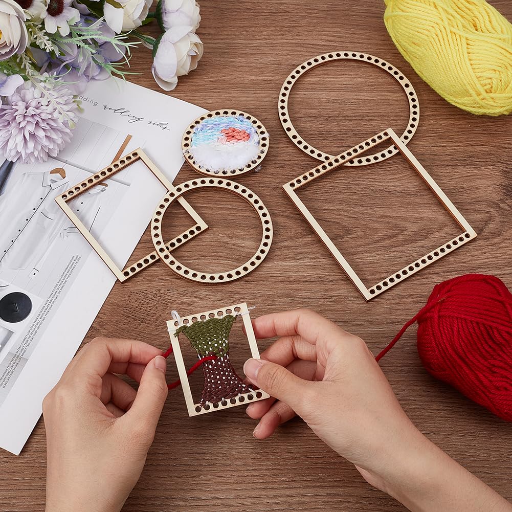 BENECREAT 6Pcs Weaving Loom Kit, Wooden Mini DIY Weaving Loom Rectangle and Round Weaving Looms for Hanging Decor Woven Tapestry Knitted Crafts Making