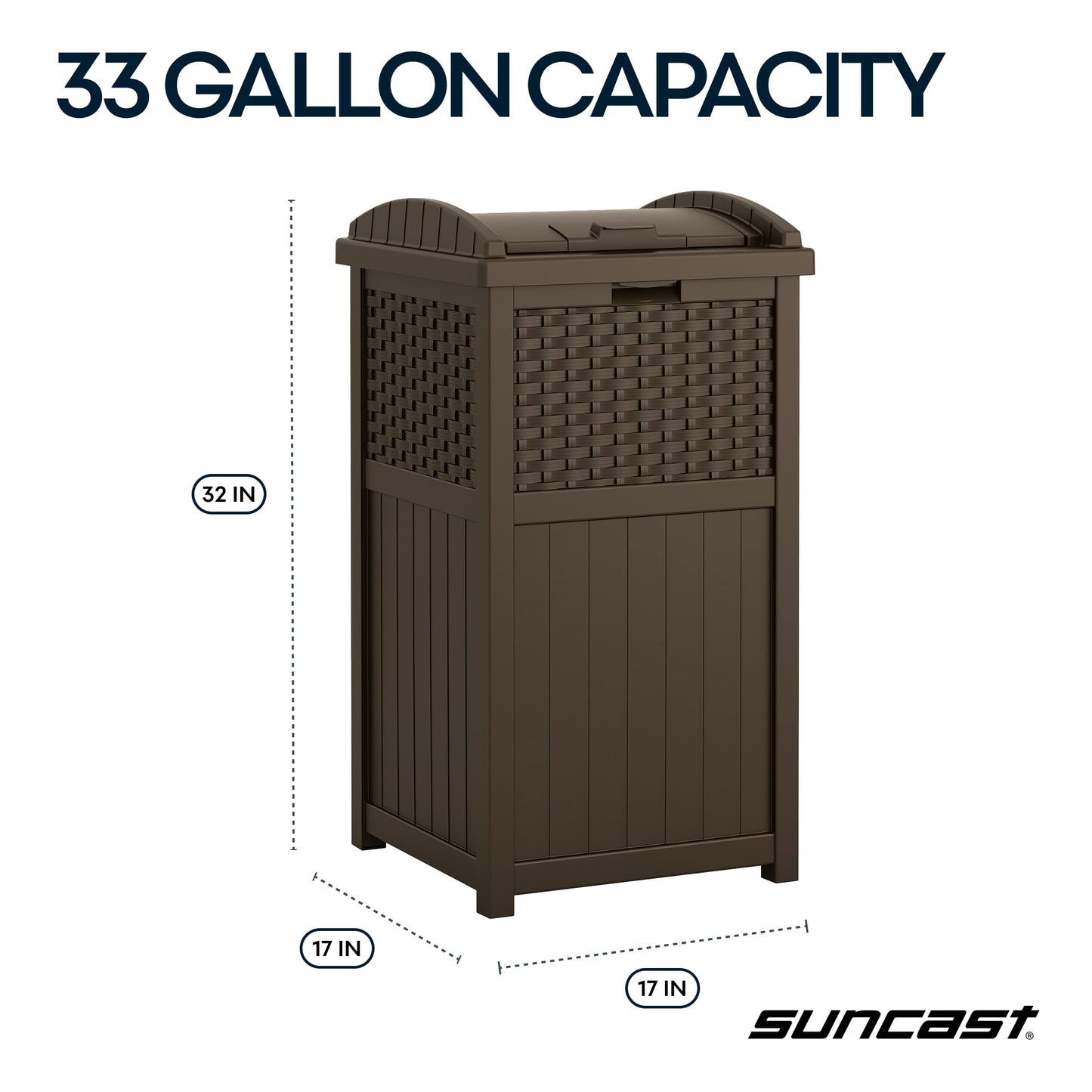 Suncast 33 Gallon Commercial Outdoor Trashcan Hideaway with Lid for 30 to 33 Gallon Trash Bags for Garage, Backyard, or Garden, Brown
