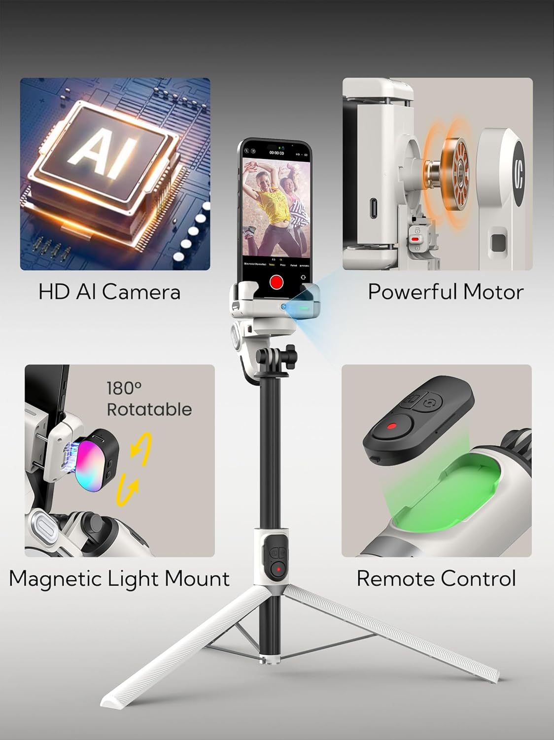 Auto Face Tracking Tripod 360 Rotation w/Stand for iPhone Android,Selfie Stick Phone Stand 360 Rotating for Video Recording,Phone Holder Follow You w/Remote,RGB Light for TikTok(M2Pro White)
