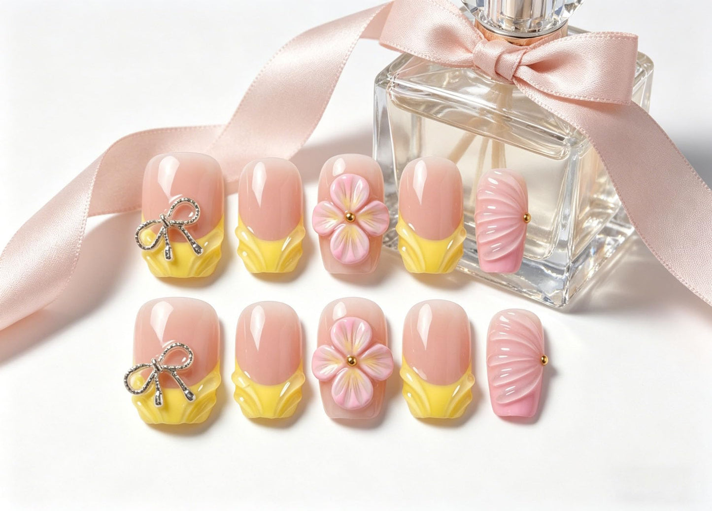 Short Square Press on Nails Handmade 3D Cute Glue on Nails for Women, Luxury Homemade Press on Nail Art Design, Fake Nails with 3D Nail Charms Size M 5