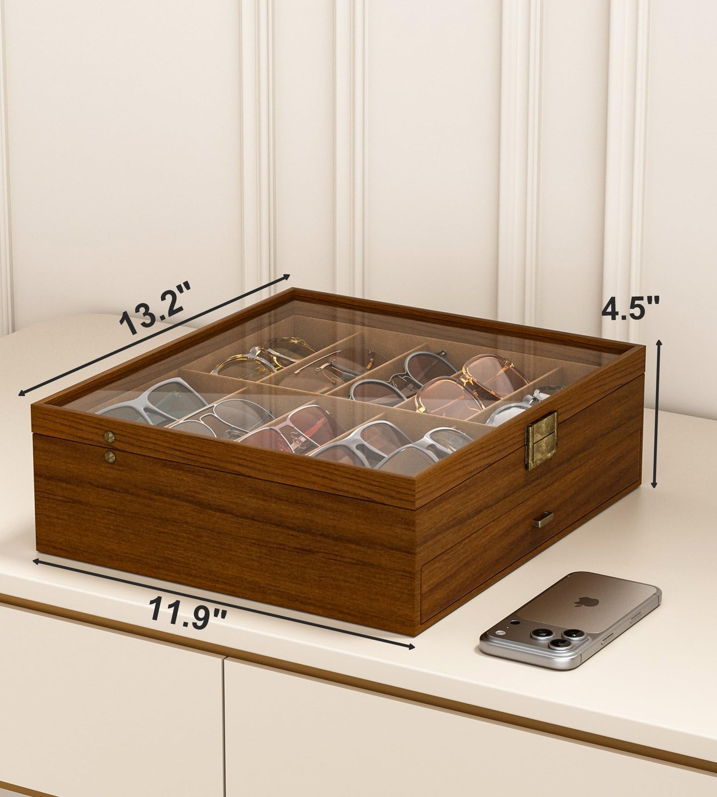 NEWLOOP Sunglasses Case Storage Organizer - Sunglass Organizer See-through Display Case Multiple Pairs Glasses Holder Stand 2-layer Eyeglass Jewelry Watch Collection Box for Men Wooden