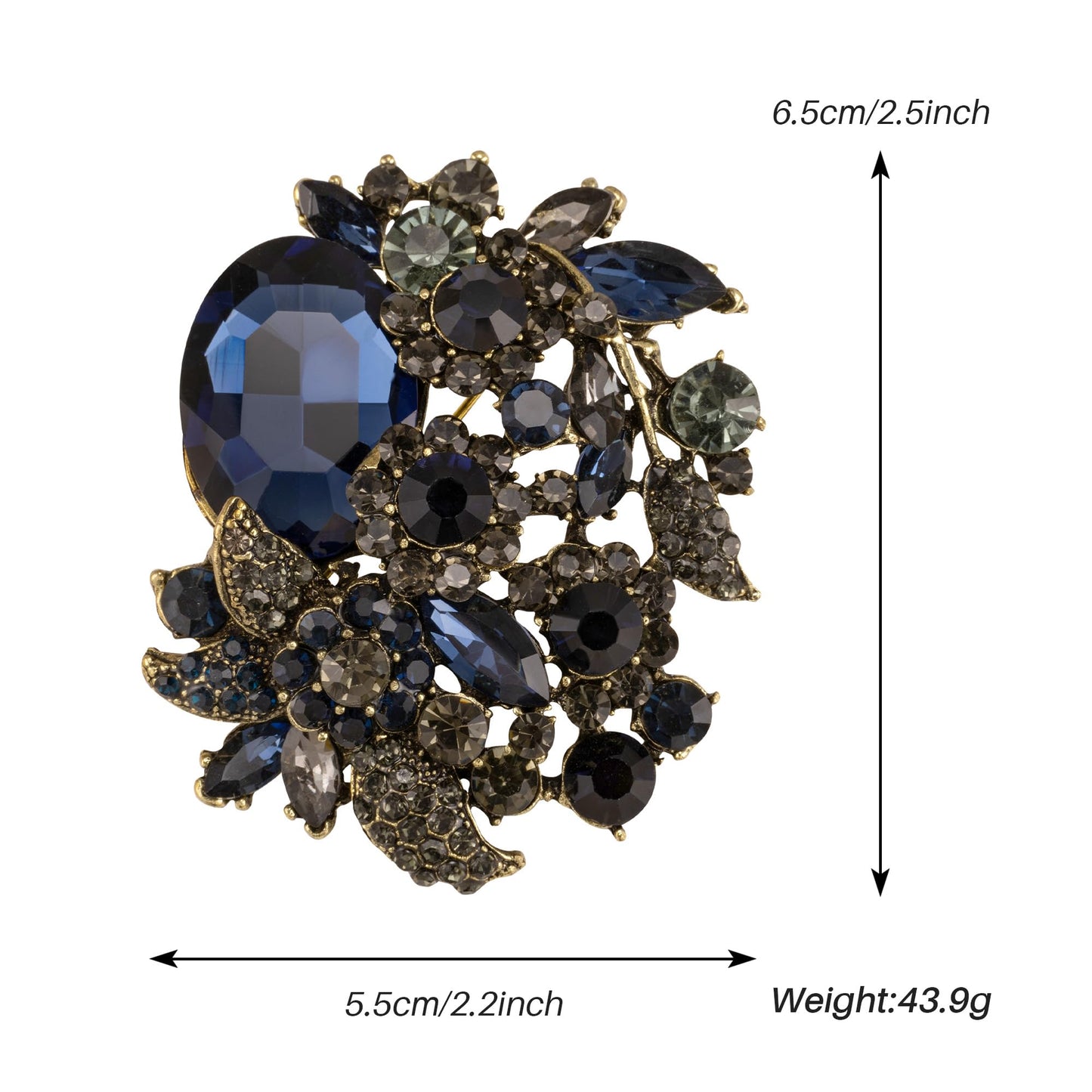 SELOVO Statement Blue Rhinestone Crystal Leaf Broach Brooch Pin Vintage Gold Tone