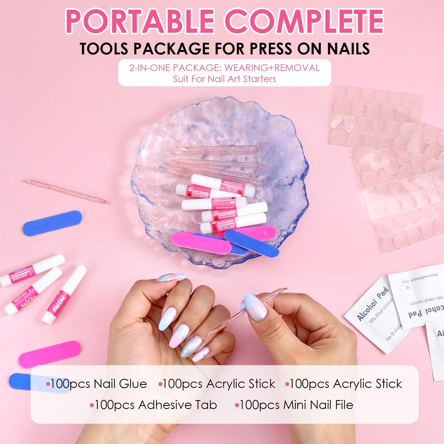 100PCS Press on Nail Tool Kit, Nail Prep Kit with Nail Glue, Adhesive Tabs, Mini Nail File, Acrylic Sticks, Prep Pads for Press on Nail Art Starters Press On Nail Packaging for Salon Business
