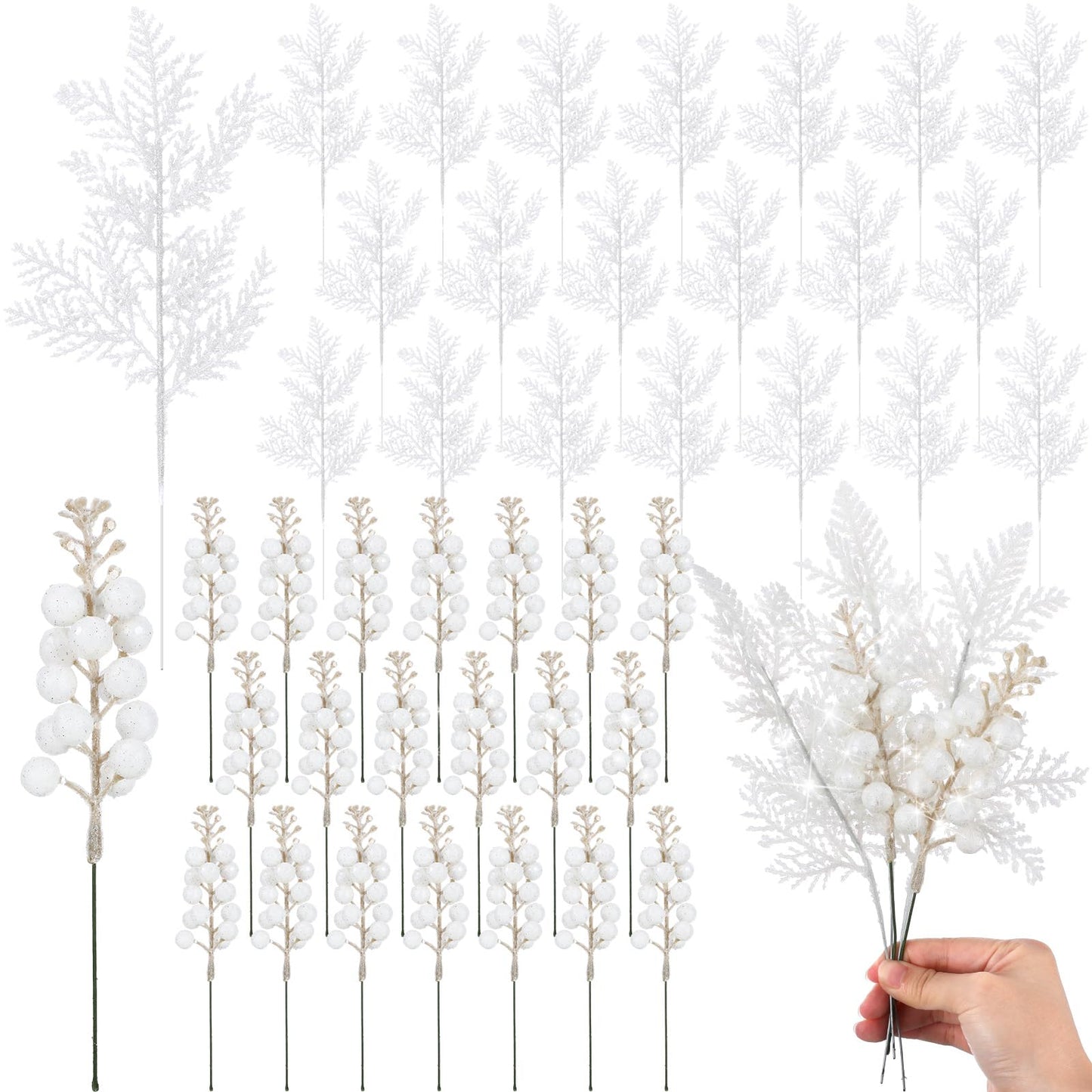 Cindeer 80 Pcs White Christmas Glitter Berries Stems Pine Needles Christmas Artificial Picks Fake Floral Twig Spray for Xmas Tree Ornaments DIY Wreath Garland Decorations