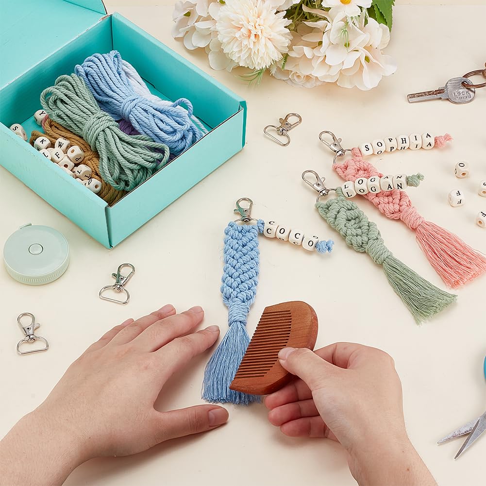 BEUNITONE DIY Macrame Cletter Keychains 6 Set Handmade Macrame Keychains for Beginners Boho Macrame Keychain Kit DIY Crafts Tassel Key Ring for Birthday Party with Instruction Keychain Making Kit