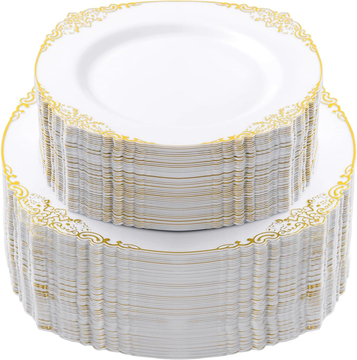 200 PCS White and Gold Plastic Plates for 100 Guests, Gold Disposable Plates Include 100 PCS Dinner Plates, 100 PCS Dessert Plates for Party, Wedding and Graduation