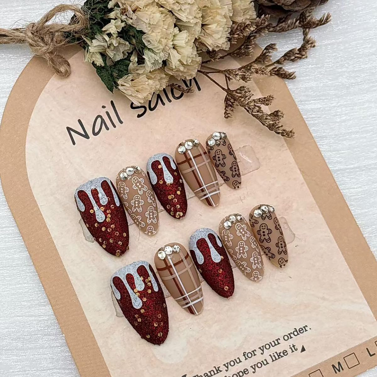 30Pcs Christmas Press on Nails Medium Almond Fake Nails Cute Gingerbread Man False Nails with 3D silver Rhinestones Design Brown Glitter Winter Snow Artificial Stick on Nail Full Cover for Women DIY