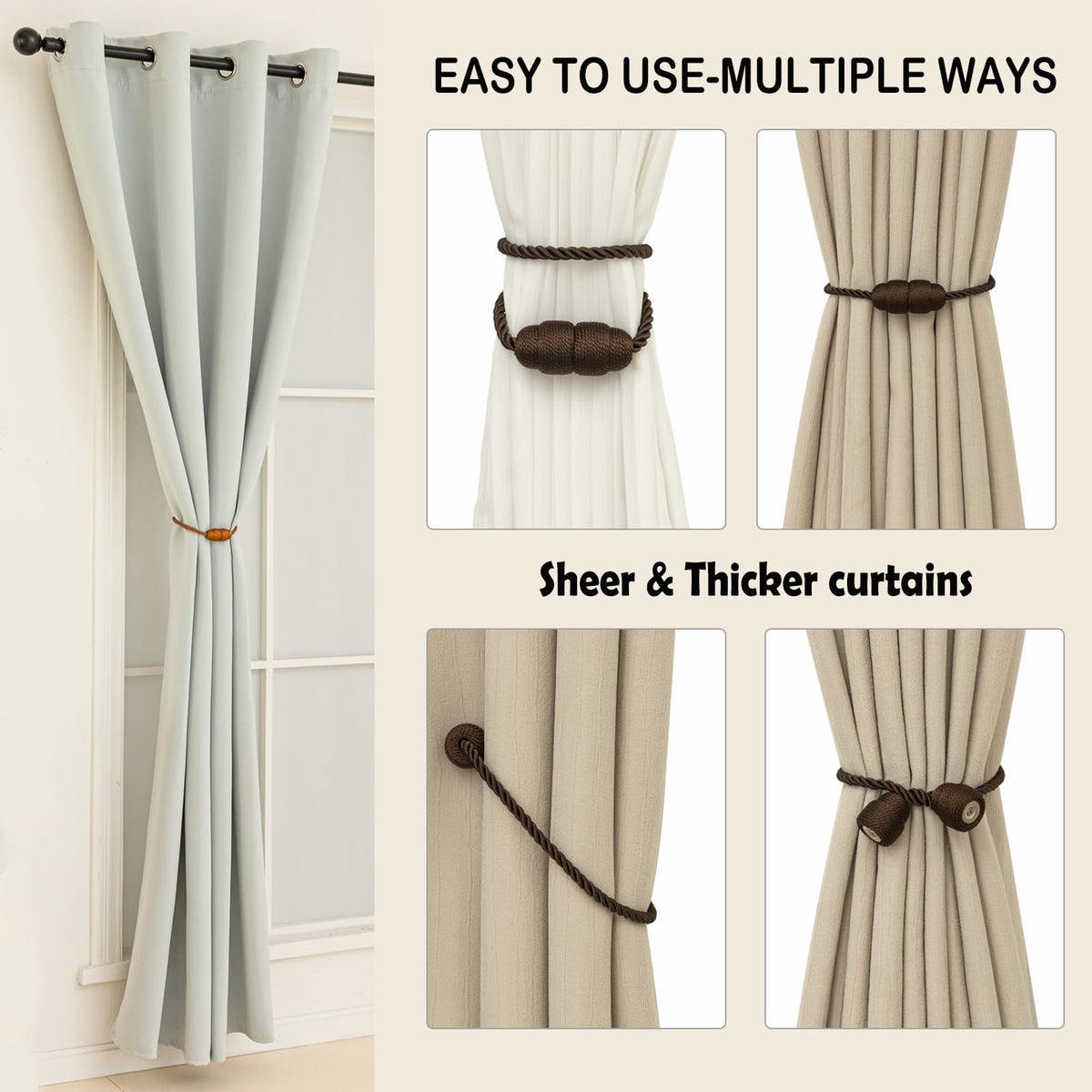 Magnetic Curtain Tiebacks Rope Curtain Tie Backs for Curtains 8 Pack Curtain Holders for Drapes Decorative Window Curtain Holdbacks (8 Count)