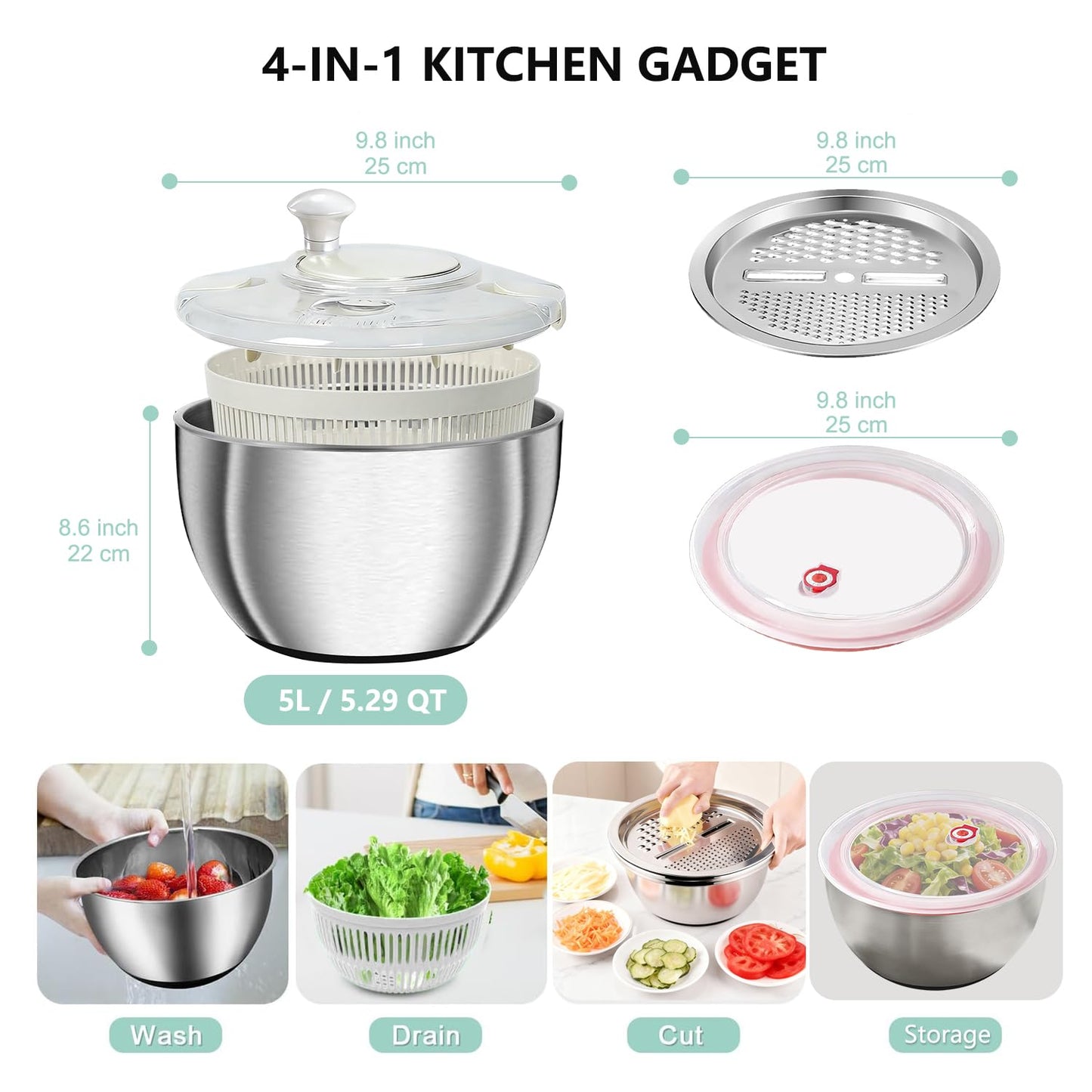 Large Salad Spinner with Storage Lid，5.29QT Stainless Steel Spin Dry Salad Greens Fruit Washing Bowl with Strainer Vegetable Cleaner washer Lettuce Spinner with slicer and julienne cutter