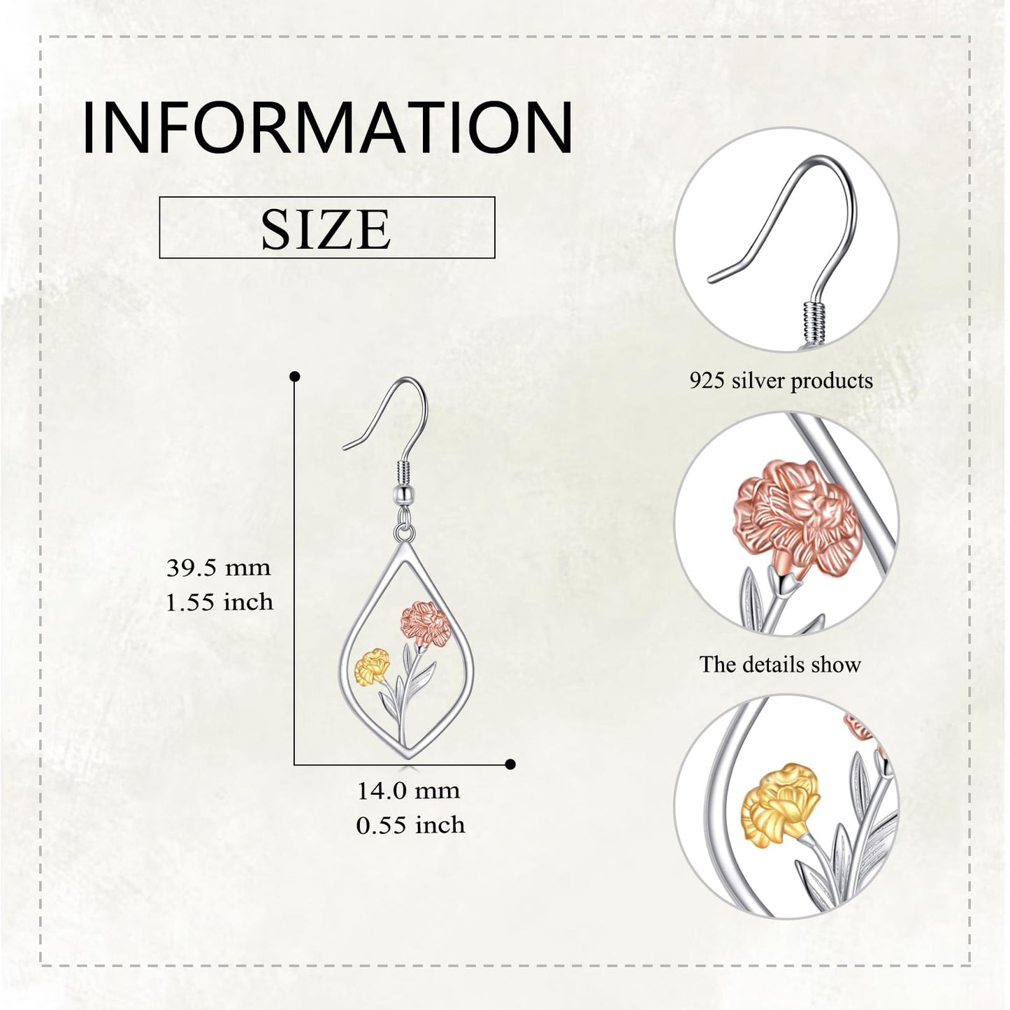 Carnation Earrings 925 Sterling Silver January Birth Flower Dangle Earrings Teardrop Jewelry Gifts For Women