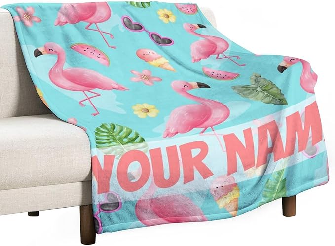 Custom Flamingo Blankets Gifts with Name - 40 x 50 Inches Cute Throw for Kids - Green Warm Furry Plush Flamingo Blankets for Sofa