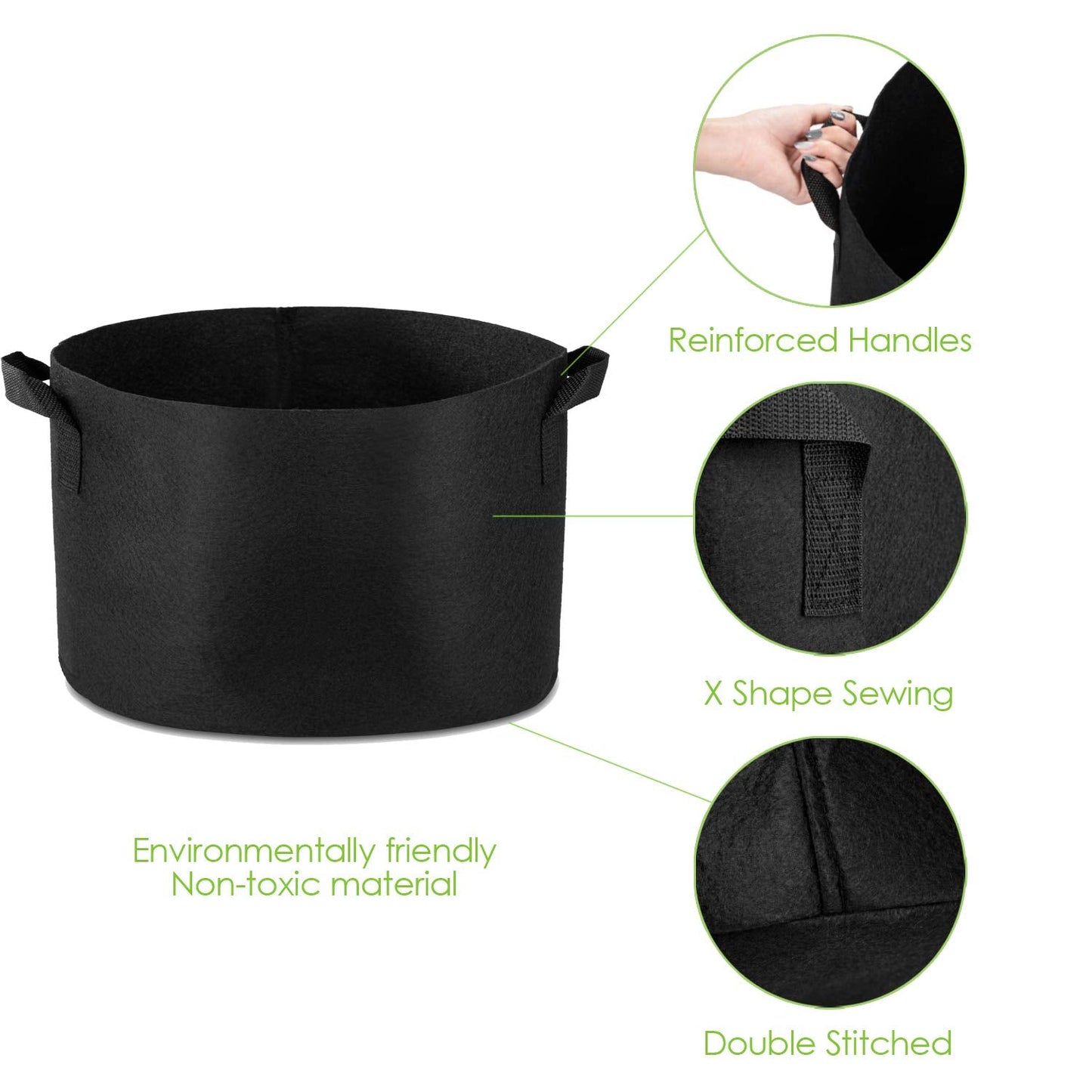 Garden4Ever 5-Pack 10 Gallon Grow Bags Heavy Duty Container Thickened Nonwoven Fabric Plant Pots with Handles Black