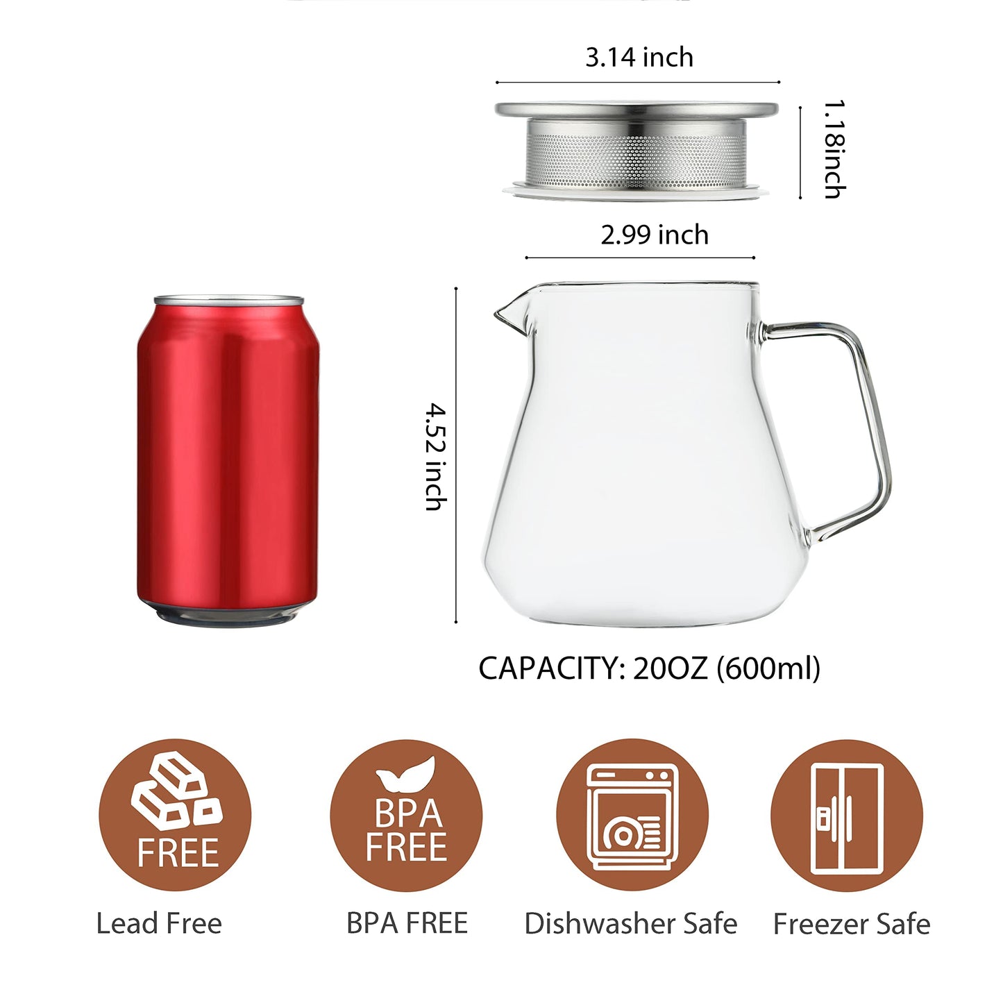 CNGLASS One-Touch Glass Teapot with Stainless Steel Filter Lid,20oz(600ml) Glear Tea Kettle Stovetop Safe,Borosilicate Glass Tea Pots for Loose Leaf Tea