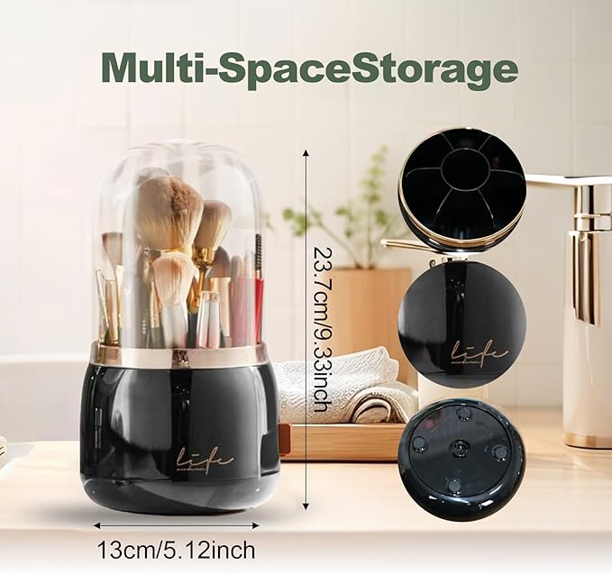 Toothbrush Holders with Cover,Dustproof 360 Rotating 7 Slots Toothpaste Holder for Bathroom Organizer Countertop,Makeup Brushes Organizer,Bathroom Accessories (Black)