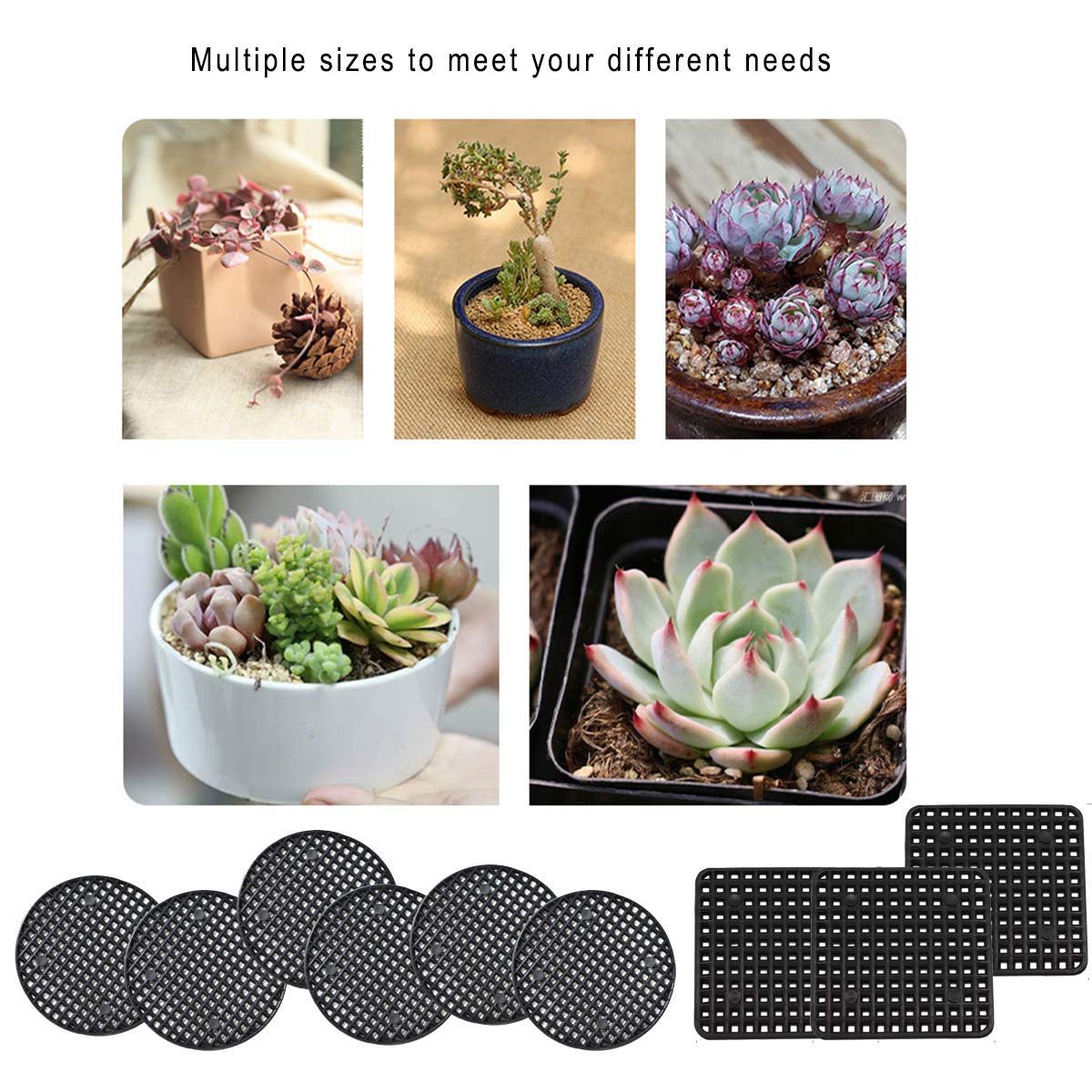 100 Pcs Plant Pot Hole Mesh Pads,Round & Square Flower Pot Drainage Covers,Bonsai Bottom Grid Mat,Prevent Soil Loss, Durable Reusable,Breathable,3 Sizes (50PCS 1.8", 30PCS 2.16", 20PCS 2.9")