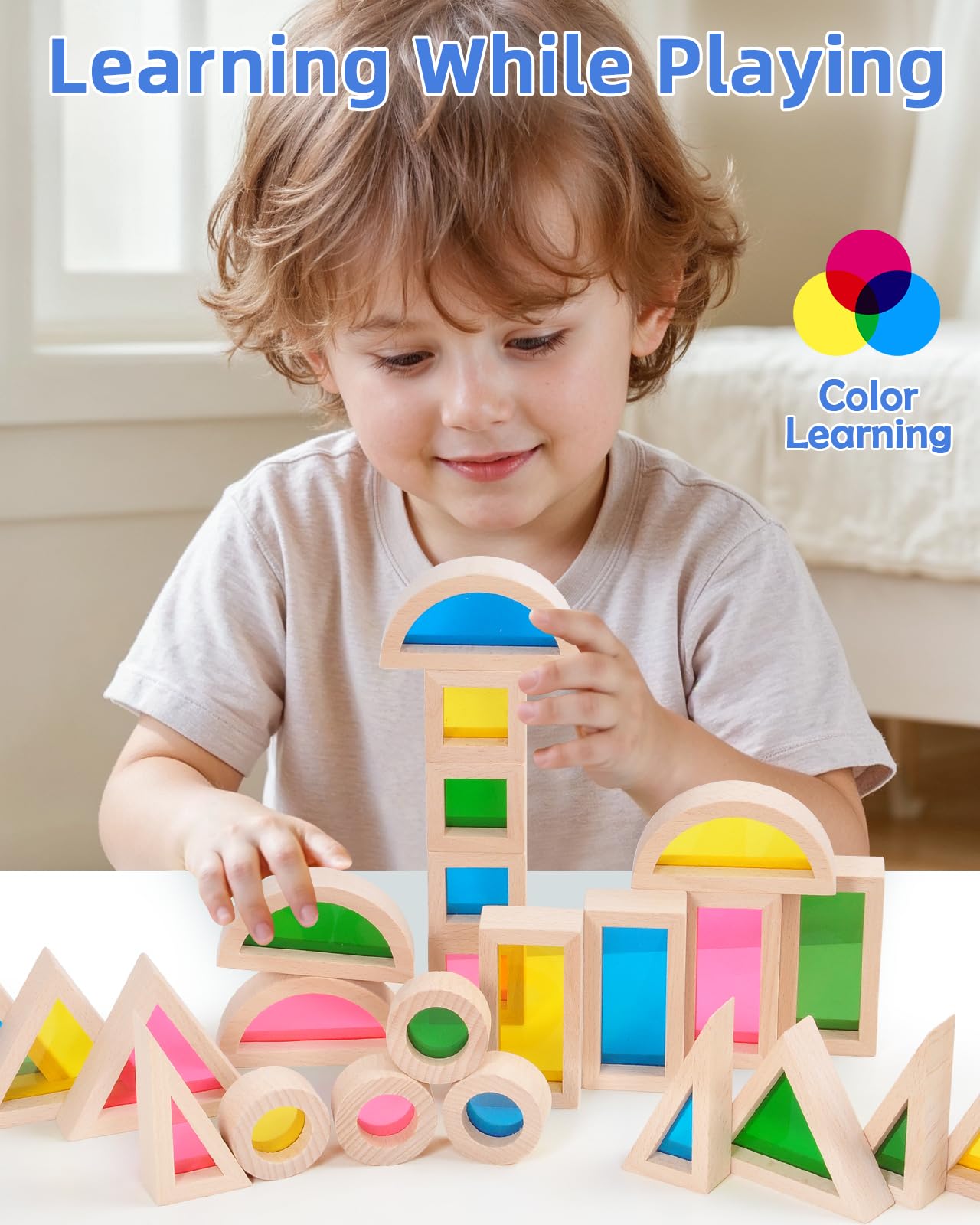 JOLKID Wooden Building Blocks with Rainbow Acrylic Windows - 24pc Classic Montessori Stacking Set - Screen-Free Educational STEM Construction Toys for Toddlers Ages 18M+