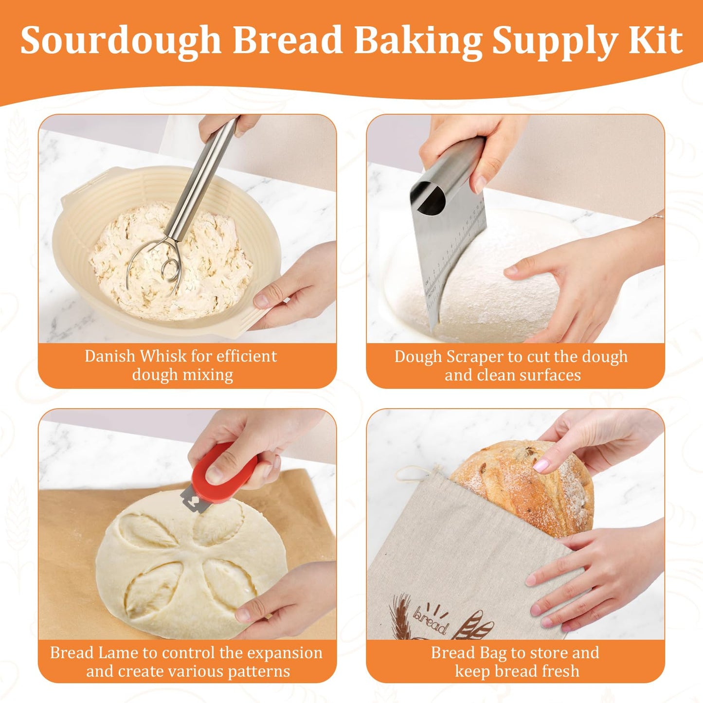 ORANGAROOS Sourdough Baking Supplies Kit Including 9 inch Round Silicone Banneton Basket, Dough Scraper, Bread Lame, Danish Whisk and Bread Bag;Proofing Basket Set for Home Bakers