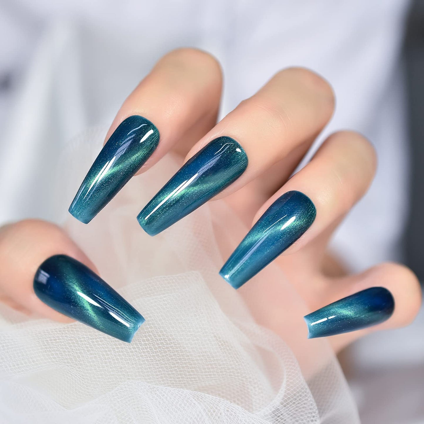 ELEVENAIL Press On Nails Glossy Super Long Coffin Gel Stick On Fake Nails Salon DIY Acrylic Manicure Reusable Dark Blue Cat Eye False Acrylic Nail Art Tips