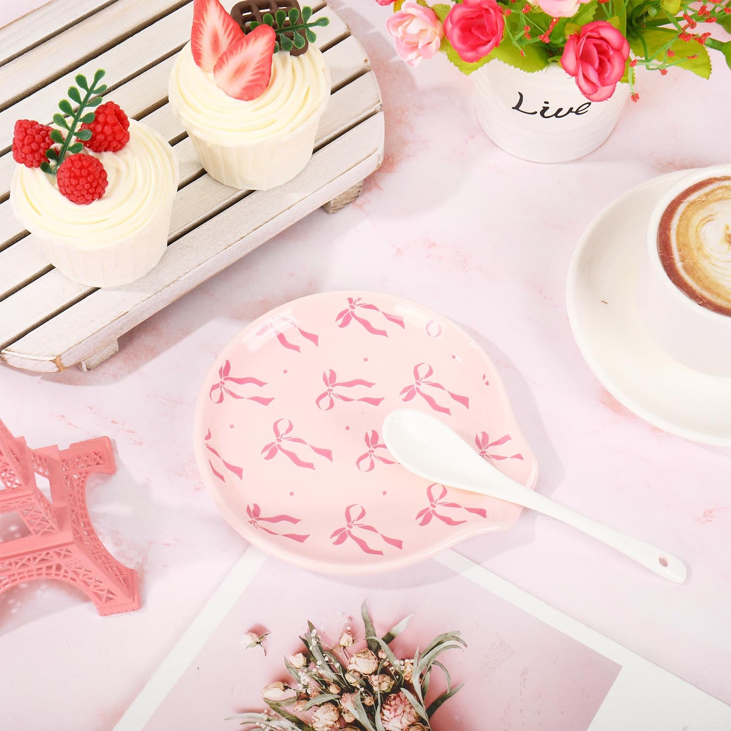 JarThenaAMCS 4.7inch Valentine's Day Pink Bow Spoon Rest Bowknot Small Coffee Ceramic Spoon Holder for Gift Coffee Stirrers Station Teaspoon Bar Stove Top Kitchen Counter Accessories