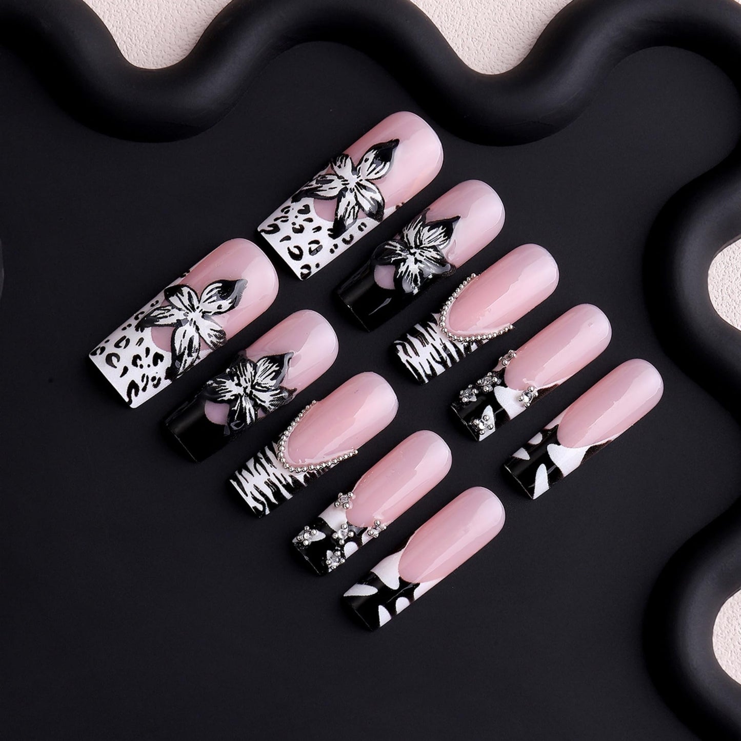 SEENEEY Long Press on Nails Square Fake Nails Black Artificial Nail 3D Floral Designs Rhinestones Stick on Nail for Women 24pcs