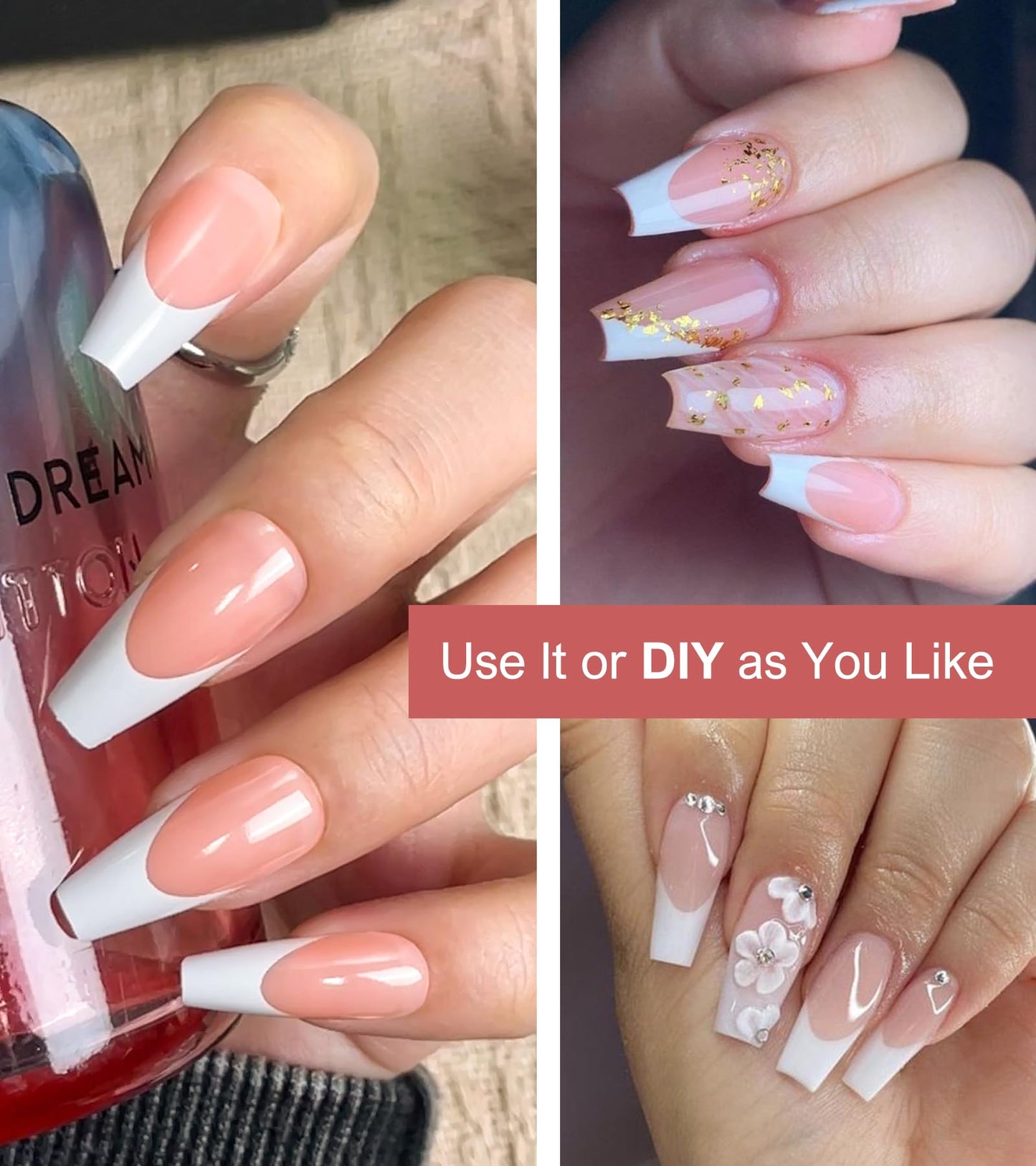 Morily Light Pink White French Tip Press on Nails, 30Pcs Long Coffin Thicker Fake Nails Reusable False Nails with Design, Glossy Acrylic Stick on Nails for Women, 15 Sizes, Include Glass File