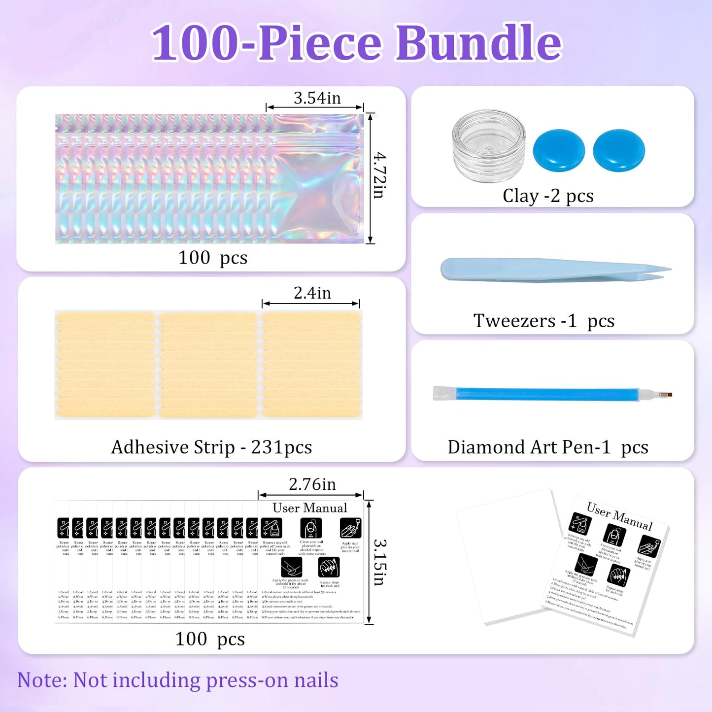 Raisetip 100PCS Press on Nail Packaging Bag, 100PCS Display Card with 231 Pcs Pre-cut Adhesive Tape & Diamond Art Pens & Glue Clay & Tweezers, 6-in-1 Set for Nail Display (Laser-white card)