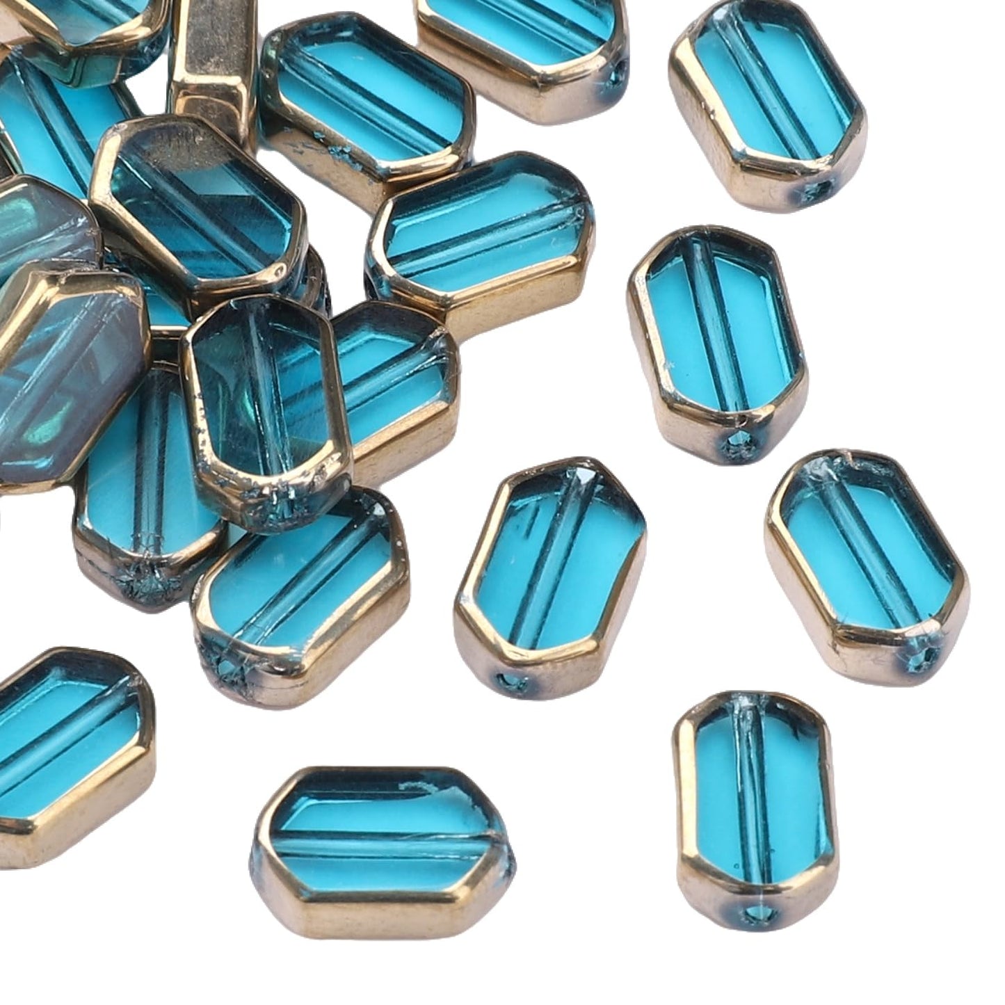 DADIFEN Glass Octagon Beads Lake Blue 6x9mm 28pcs Rectangle Golden Edge Crystal Loose Beads for DIY Craft Jewelry Making