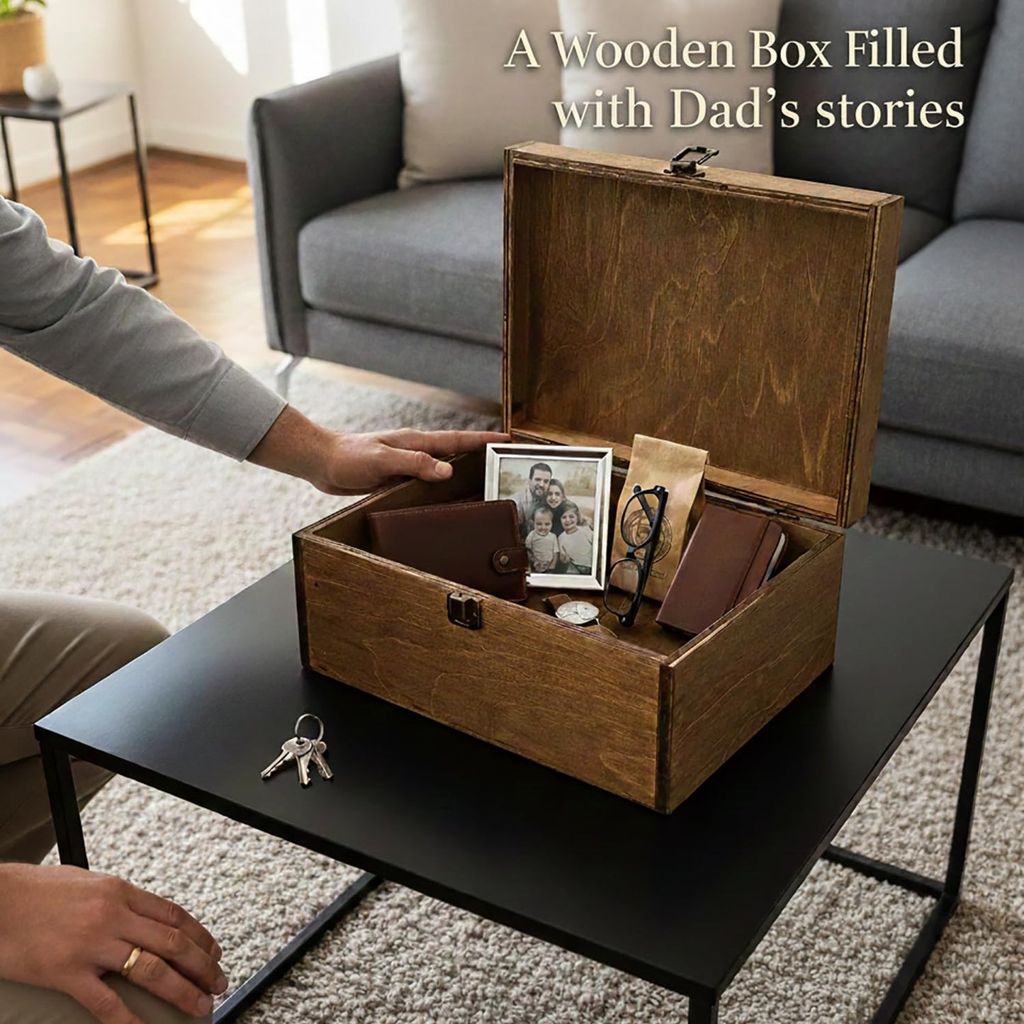 BeeGreeny Dad Gifts, Wooden Dad's Stuff Storage Box, Large Rustic Wooden Keepsake Box 11.6" x 8.7" x 5", Engraved Memory Wood Box, Birthday, Father's Day Gift for Dad, Father, Daddy
