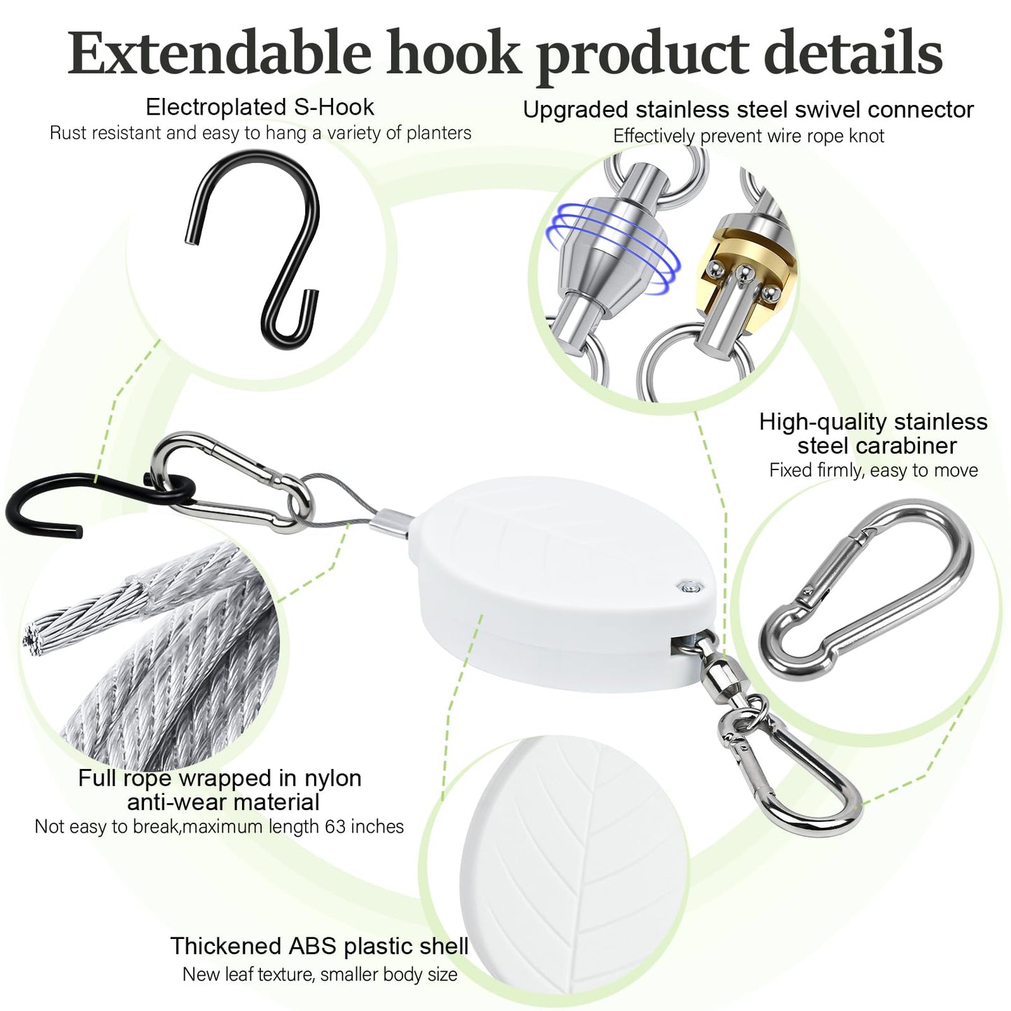 ZUZUAN 2026New 3Pcs Retractable Plant Hanger with Leaf Texture,44Lbs Load Capacity,Auto Lock,Adjustable Hook for Hanging Plants,Bird Feed,Wind Chimes,Garden Pots,Rust-Proof Stainless Steel,White