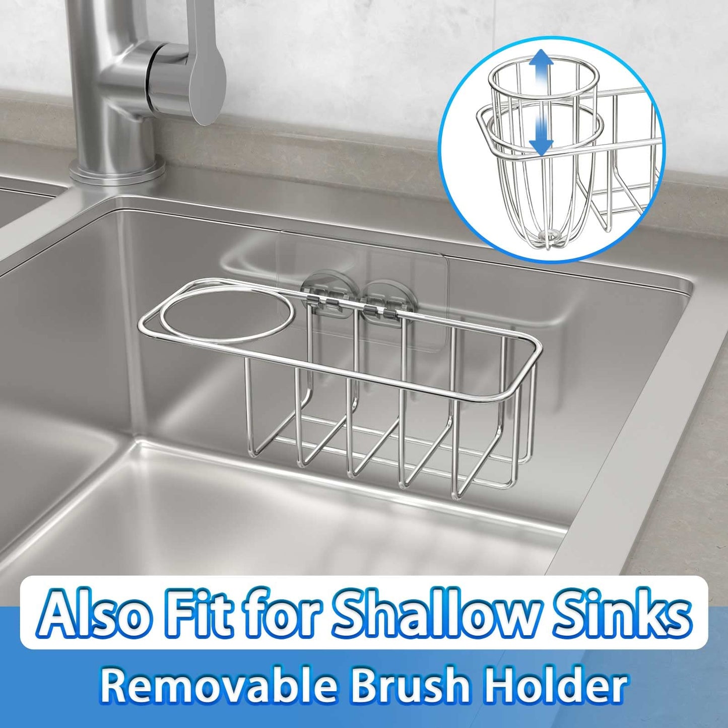 HULISEN 3-in-1 Sponge Holder for Kitchen Sink with Dish Brush Holder, Stainless Steel Caddy for Soap, Scrubber, No Drill and Rustproof, Silver