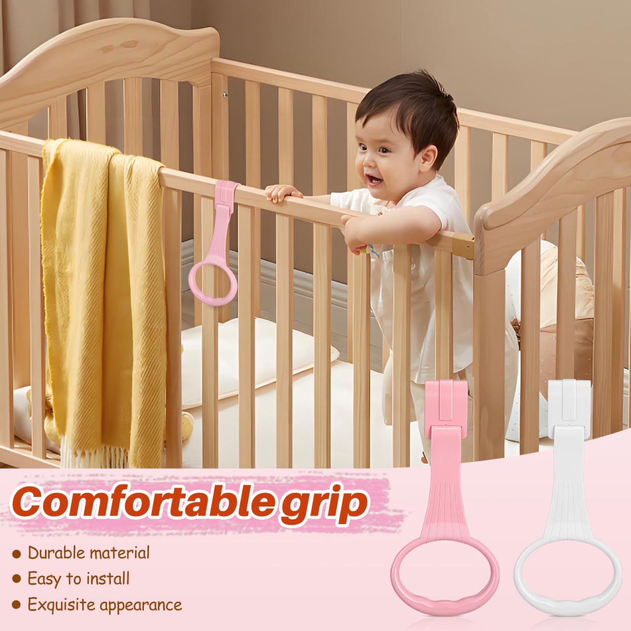 JECOMPRIS Pull up Rings 4 Pcs Set Toddler Handle Rings for Crib and Infant Walking Assistant Stand up Training Toy