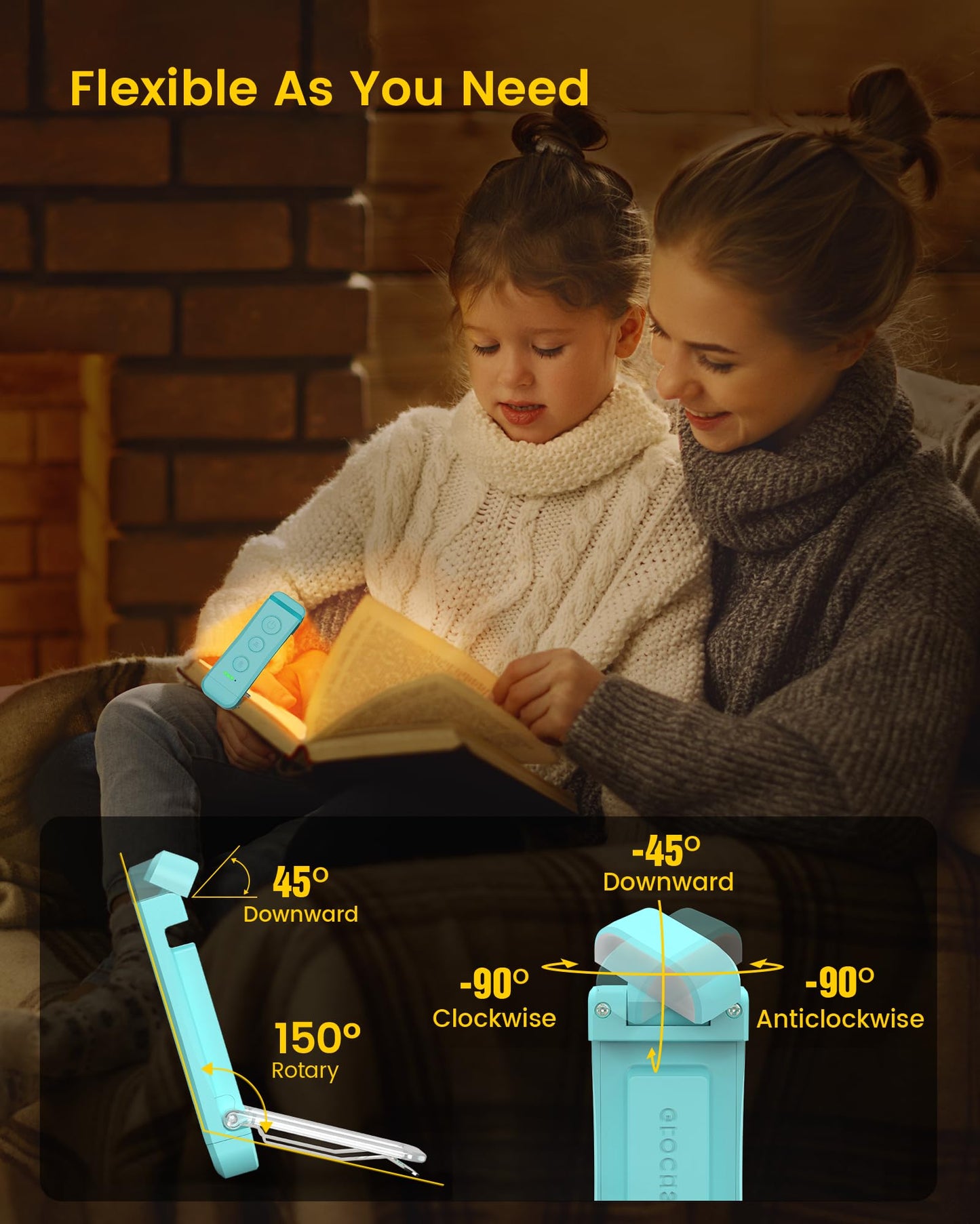 Glocusent USB Rechargeable Book Light, Portable Clip-on LED Reading Light, Reading Lights for Books in Bed with 3 Amber Colors & 5 Brightness Dimmable, Compact & Long Lasting, Perfect for Book Lovers