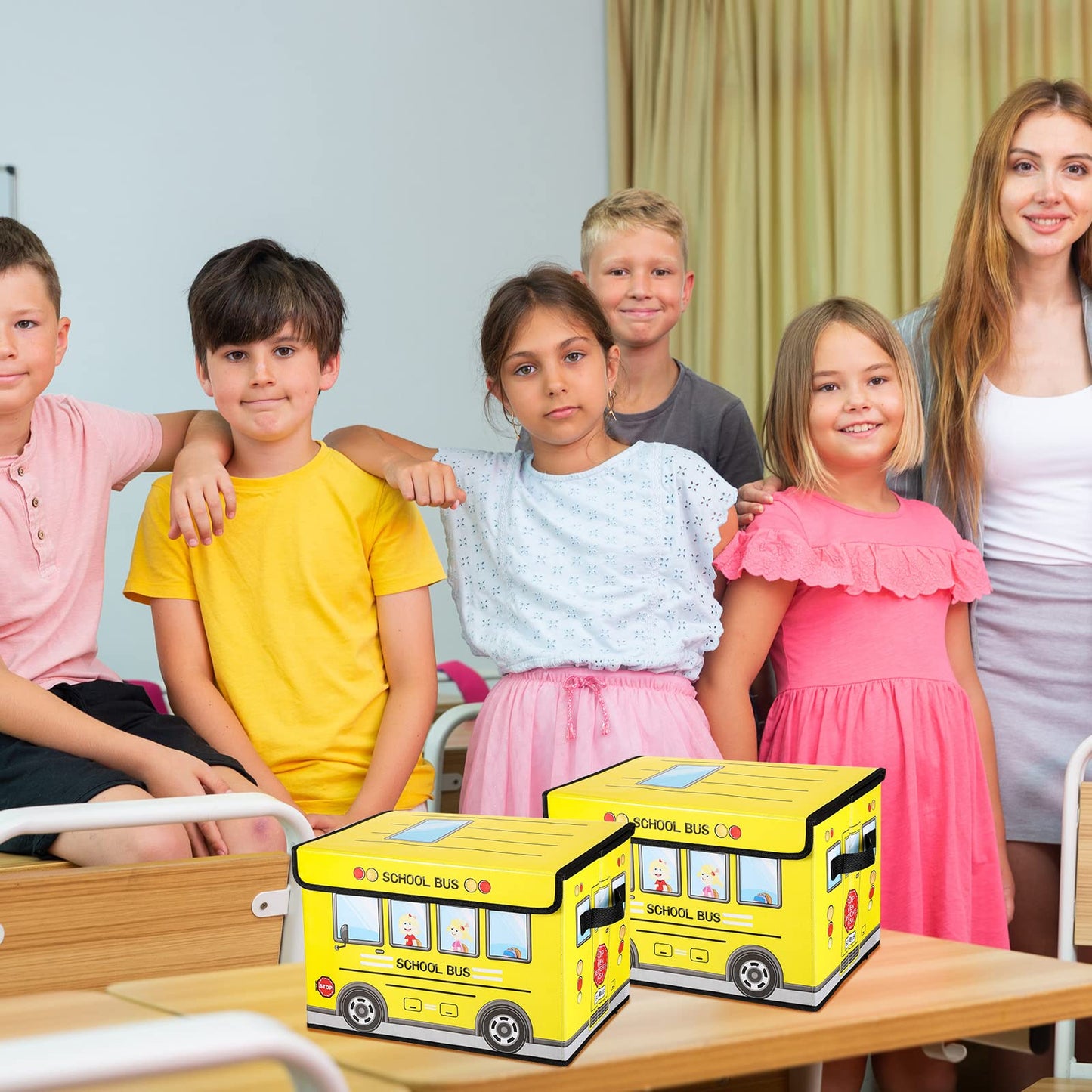 Sweetude 2 Pcs School Bus Treasure Box for Classroom, Foldable Chest Storage Toy Box Chest with Lid Treasure Storage Organizer Bin for Kids Teachers Toy Prizes Awards for Students(Yellow)