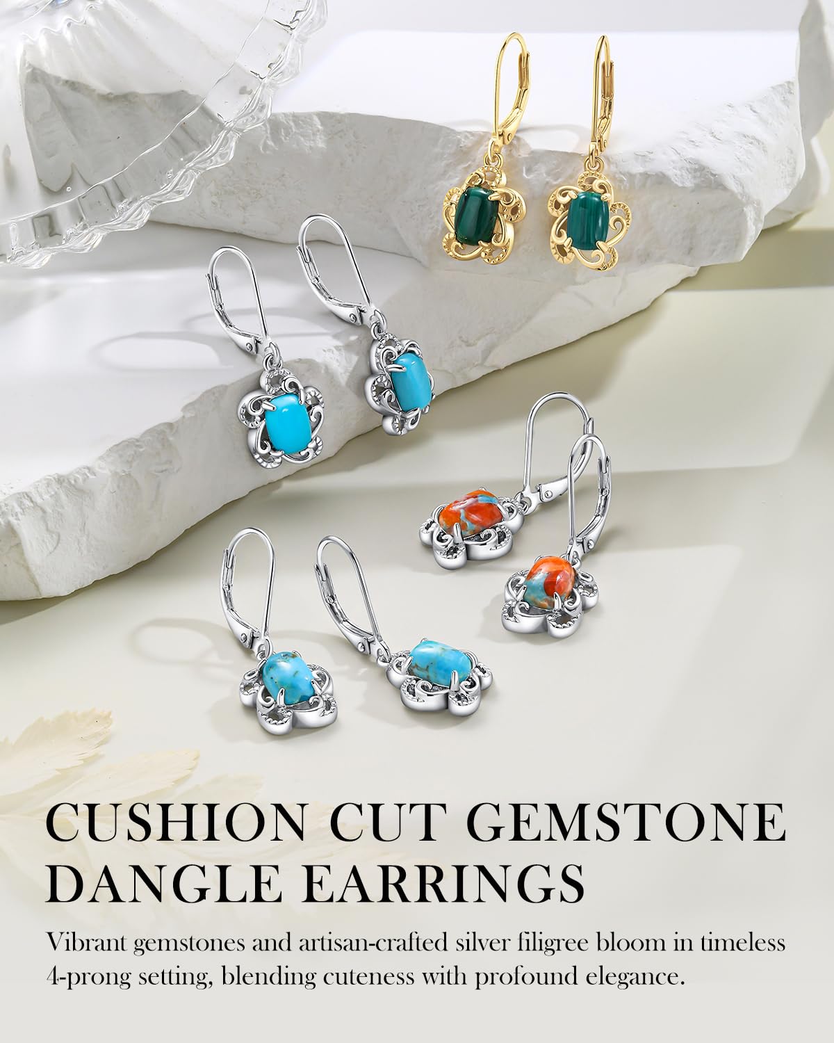 AIBAO Malachite Dangle Earrings for Women Cushion Shaped Green Crystal Flower Drop Earrings Western Boho Jewelry Sterling Silver Malachite Earrings Dangling