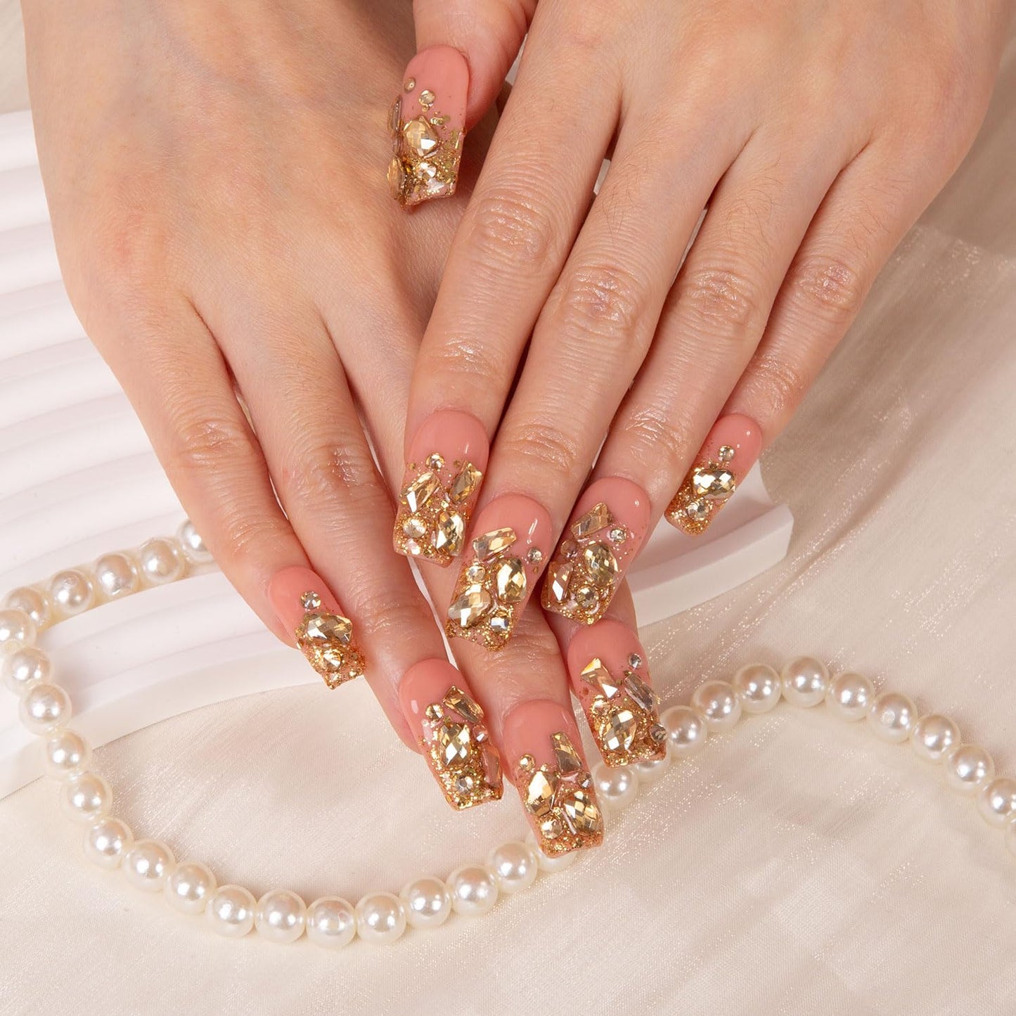 LOVFUL Press on Nails Stardust Gold| Handmade with Full Covered Crystals | Reusable Fake Nails | Square Regular 1.0 in | H84-S