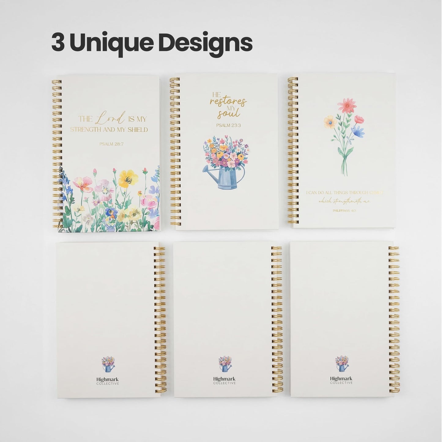 Highmark Collective Christian Notebook Set of 3 – Scripture Botanical Spiral Journal for Women – 100 GSM No-Bleed Bible Study Supplies – 3 Floral Lined Notebooks for Prayer Journal, Sermon Notes, and Devotionals