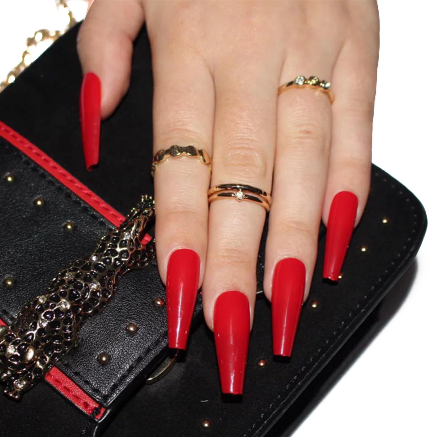 Allkem Press On Nails - Hot Red Glossy Extra Long Ballerina Multipack | 10 sizes - 100 pcs False Nails Full Cover Nail Kit with Glue