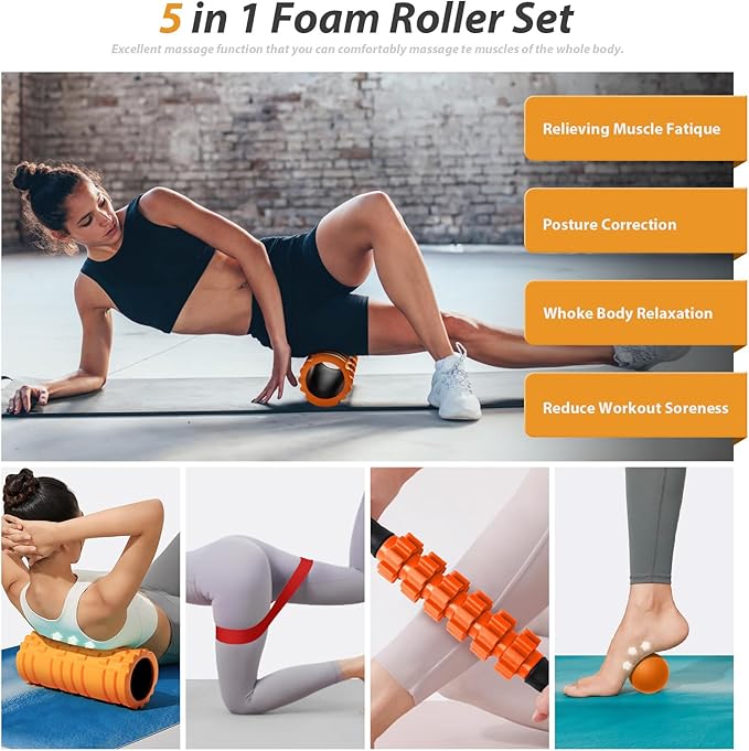 5 in1 Foam Roller Set, Trigger Point Foam Roller, Massage Roller Stick, Massage Ball, Resistance Band for Deep Muscle Massage Pilates Yoga,Fitness Exercise for Whole Body (Orange-Black)