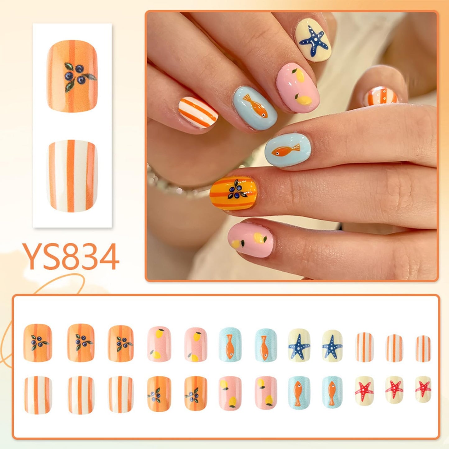 Short Square Press on Nails Summer Colorful Fake Nails with Starfish Blueberry Lemon Stripes Design Cute Cartoon False Nails Glossy Stick on Nail Artificial Glue on Nails for Women 24Pcs