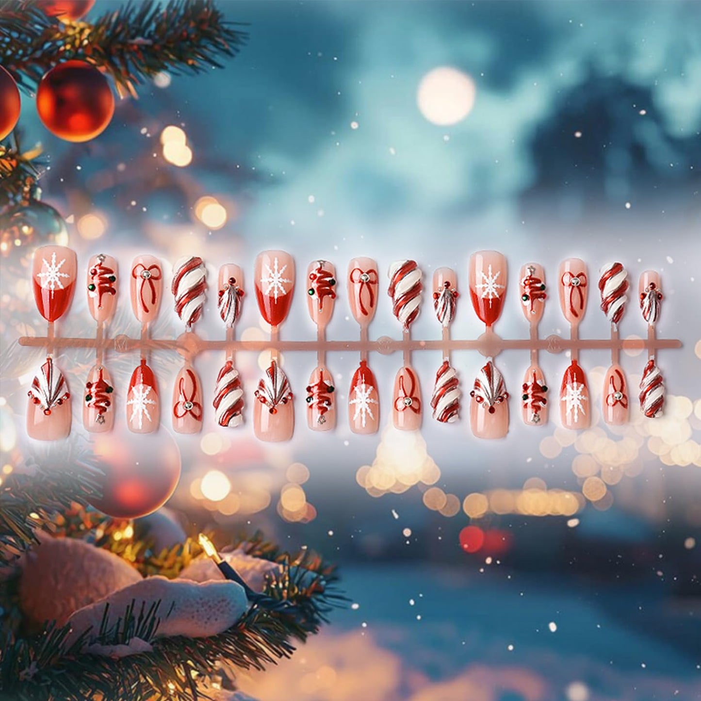 3D Christmas Tree Acrylic Fake Nail Glossy Red Colored Lantern Stick on Fingernails Snowflake Press on Nails 24Pcs Candy Cane Gel Glue on Nail Bow Tie Medium Almond False Nails for Women Xmas Gift