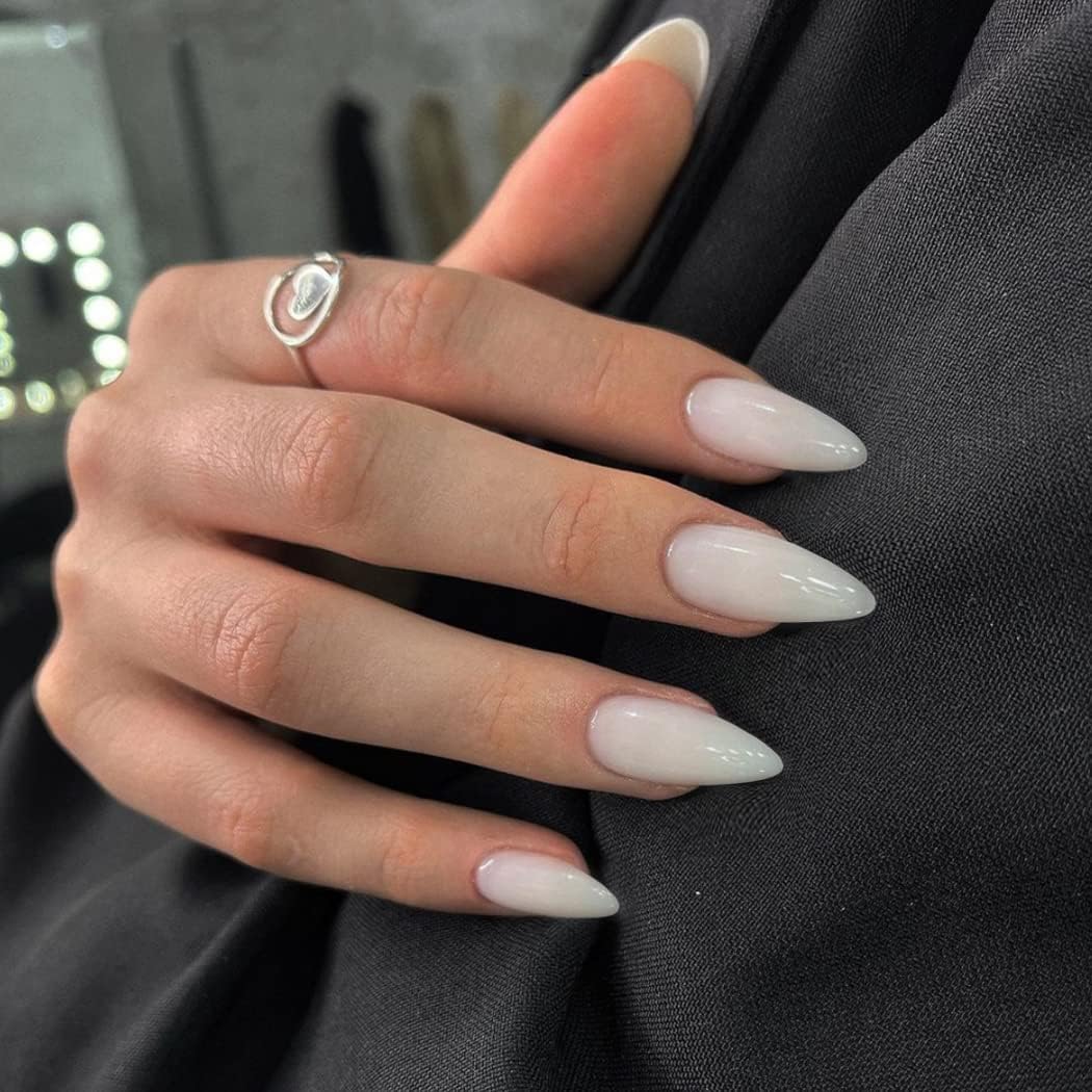 KQueenest All White Press on Nails Medium Almond&Transparent Pearl White Press on Nails Medium Almond For Beach Party Daily Decoration in 48 PCS