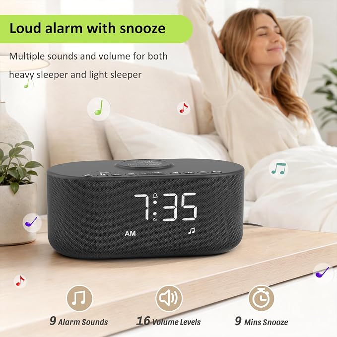 DreamSky Alarm Clock Radio with Wireless Charging and Bluetooth Speaker