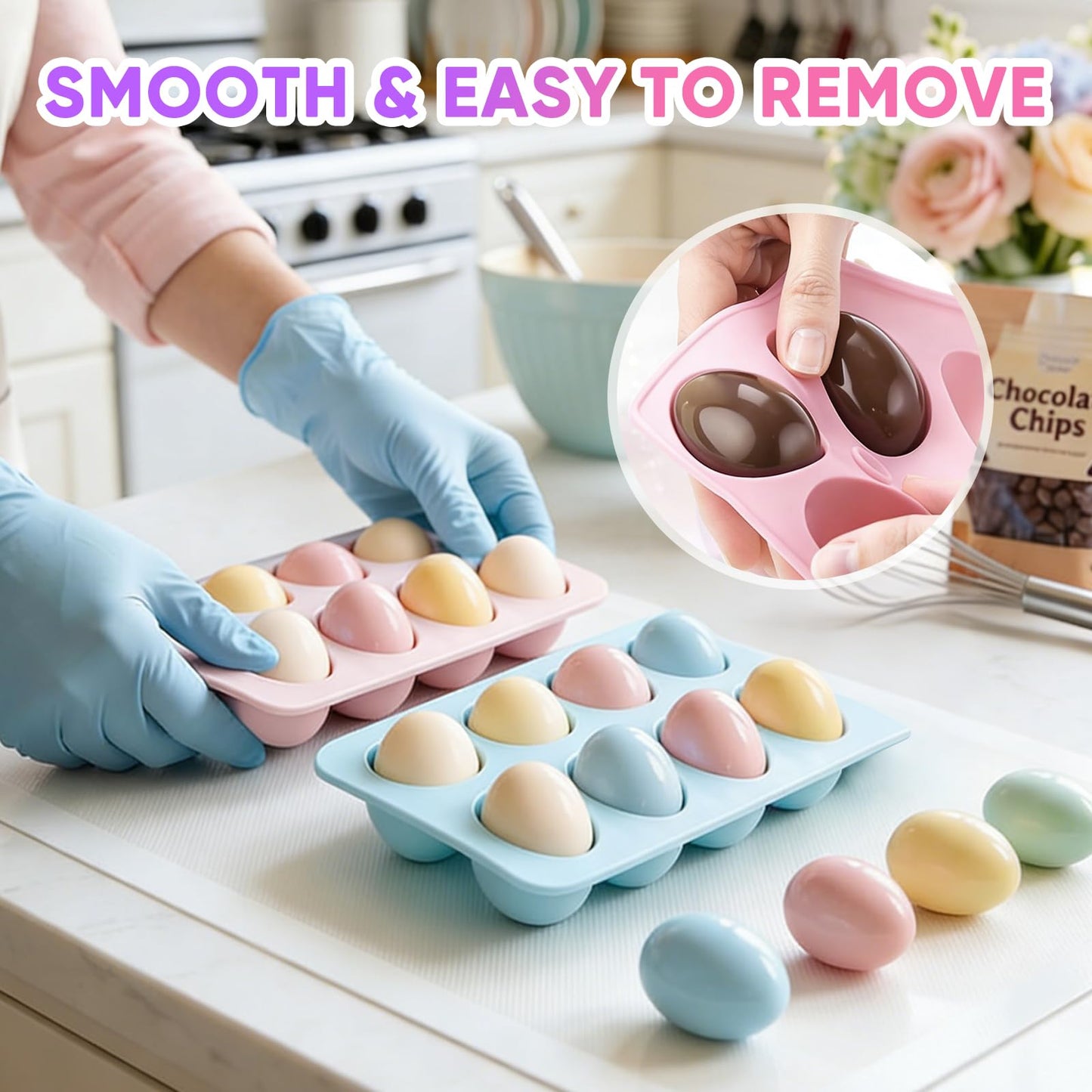 Easter Egg Silicone Molds for Baking,3Pcs 24 Cavity Non-Stick Egg-Shaped Chocolate Mold and Tool Set,Suitable for Candy, Cake Pop,Soap,Ice Cube and Jelly Baking Supplies