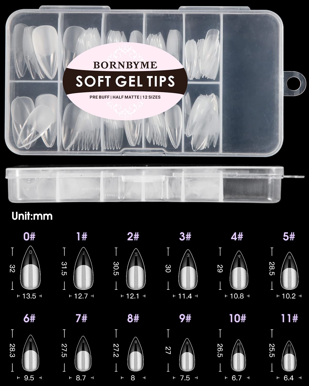 Soft Gel Nail Tips Medium Stiletto, 120PCS Pre Buff Full Cover Shaped Nail Extenison Tips Half Matte Gel Nail Tips BORNBYME